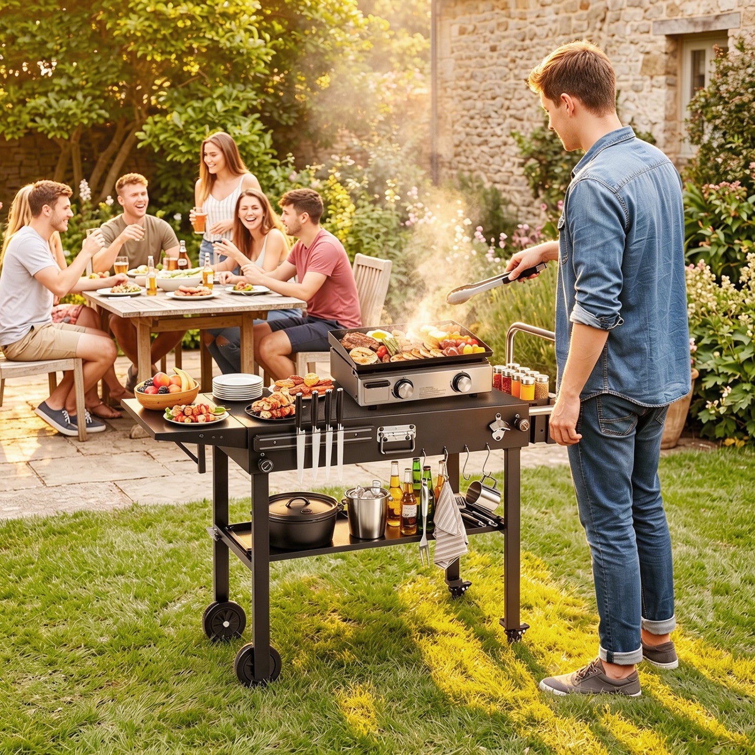 Foldable Grill Cart with 31" Tabletop & Storage Shelf