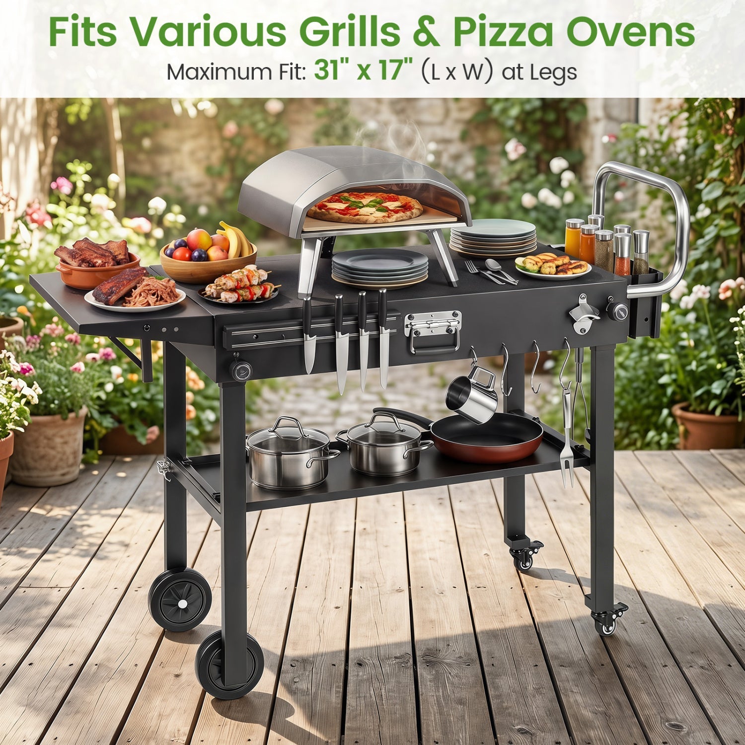 Foldable Grill Cart with 31" Tabletop & Storage Shelf