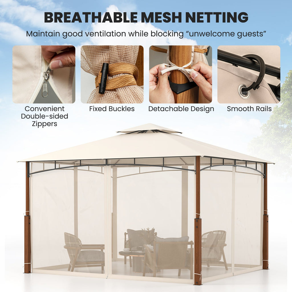 12 x 10 Feet Outdoor Patio Gazebo with Netting and 2-Tier Canopy Roof-Beige
