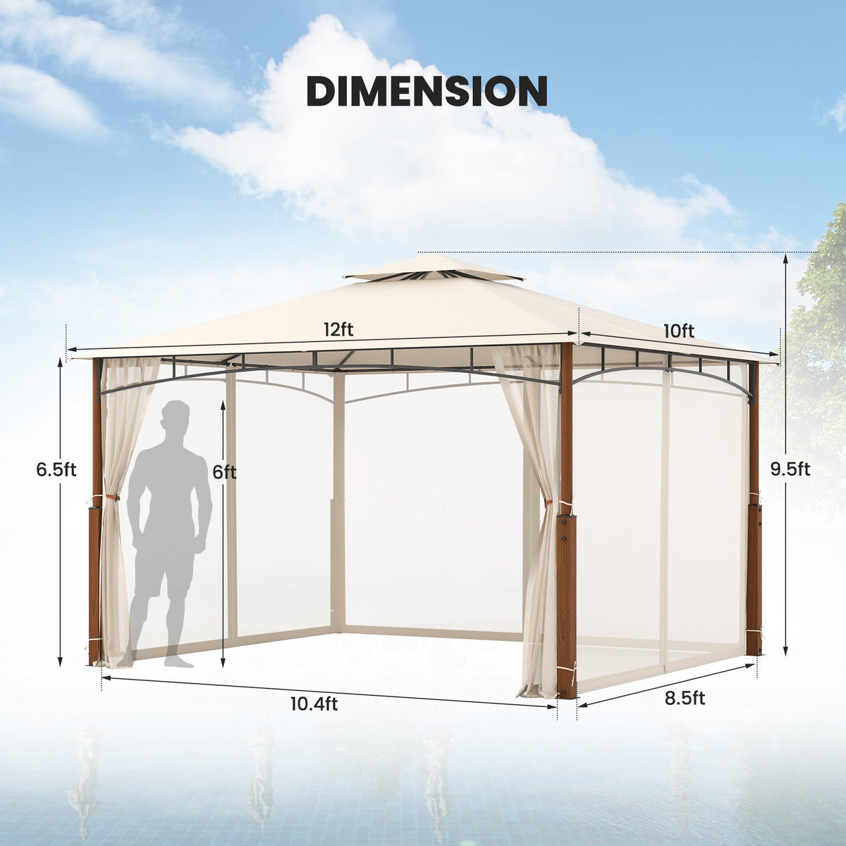 12 x 10 Feet Outdoor Patio Gazebo with Netting and 2-Tier Canopy Roof-Beige