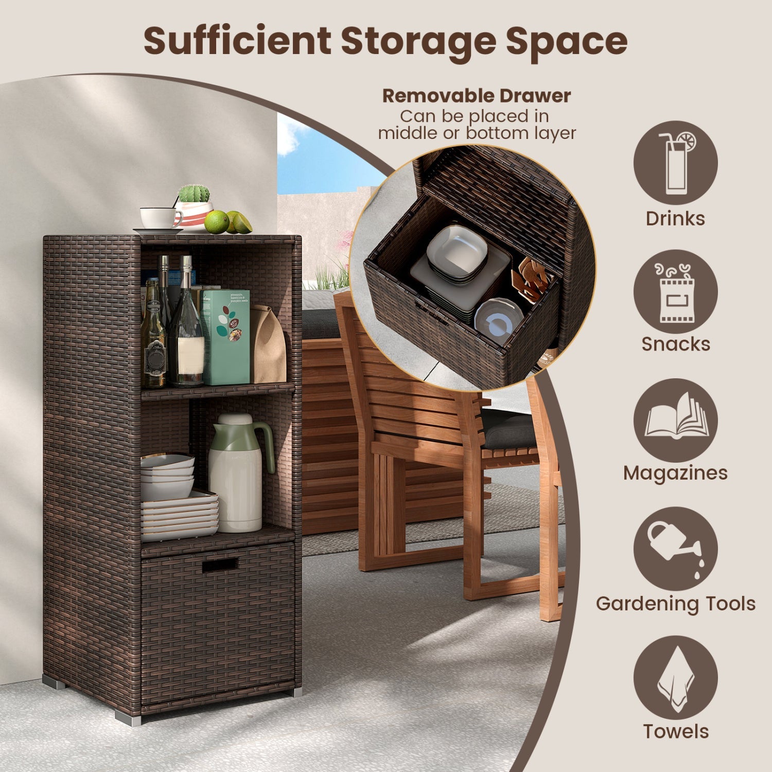 Outdoor Storage Cabinet Patio Wicker Organizer with Drawer