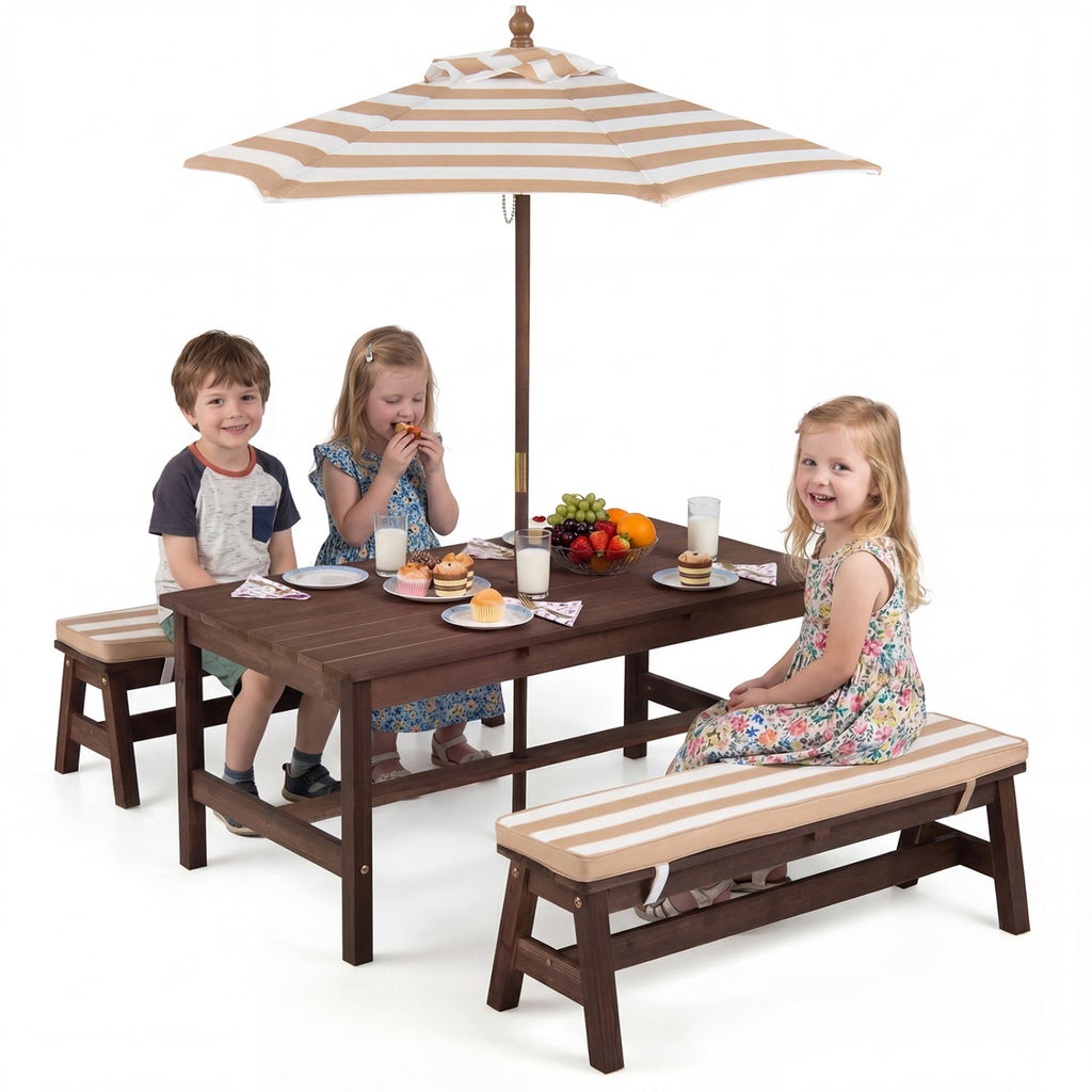 Outdoor Wooden Kids Picnic Table with Removable Umbrella and Cushions