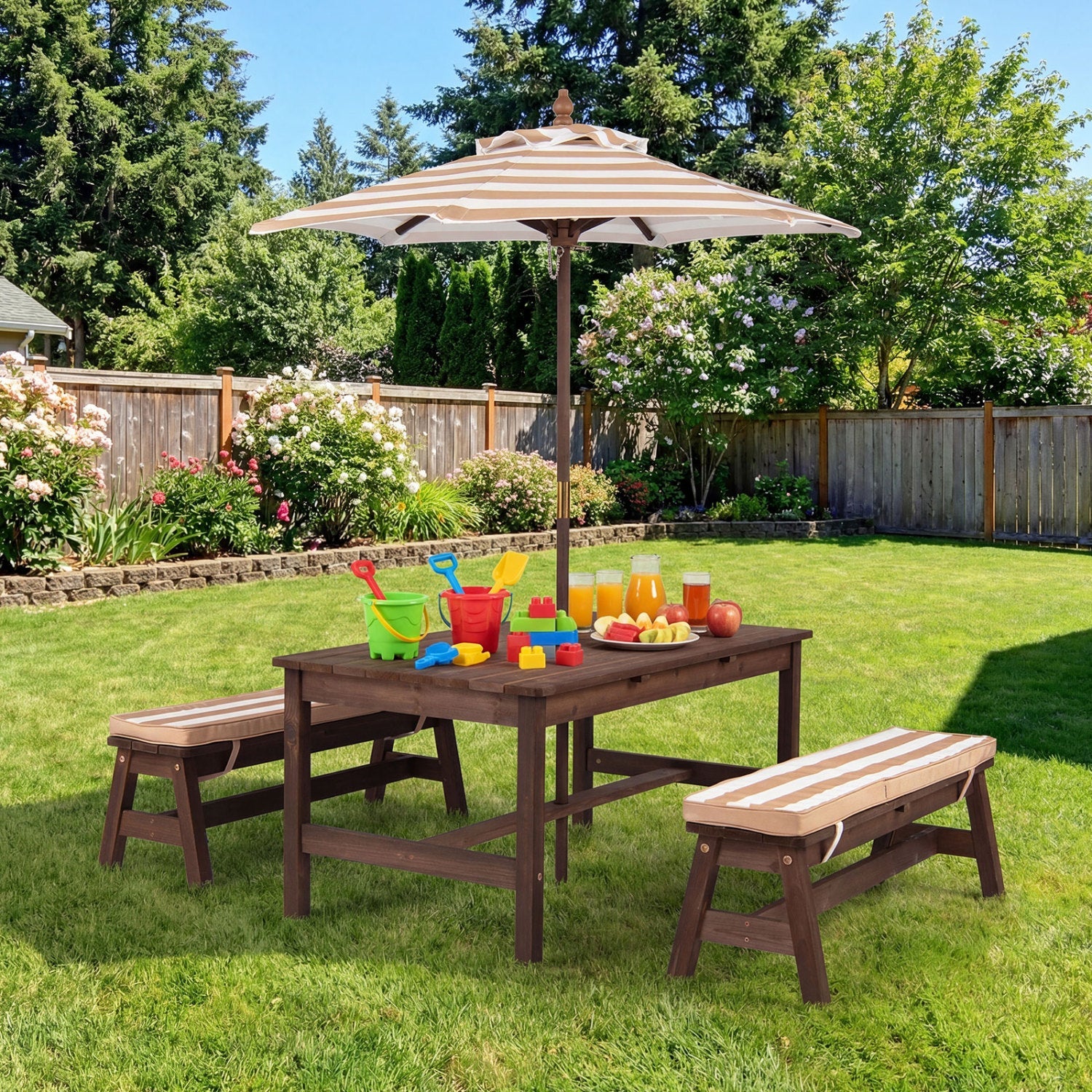 Outdoor Wooden Kids Picnic Table with Removable Umbrella and Cushions