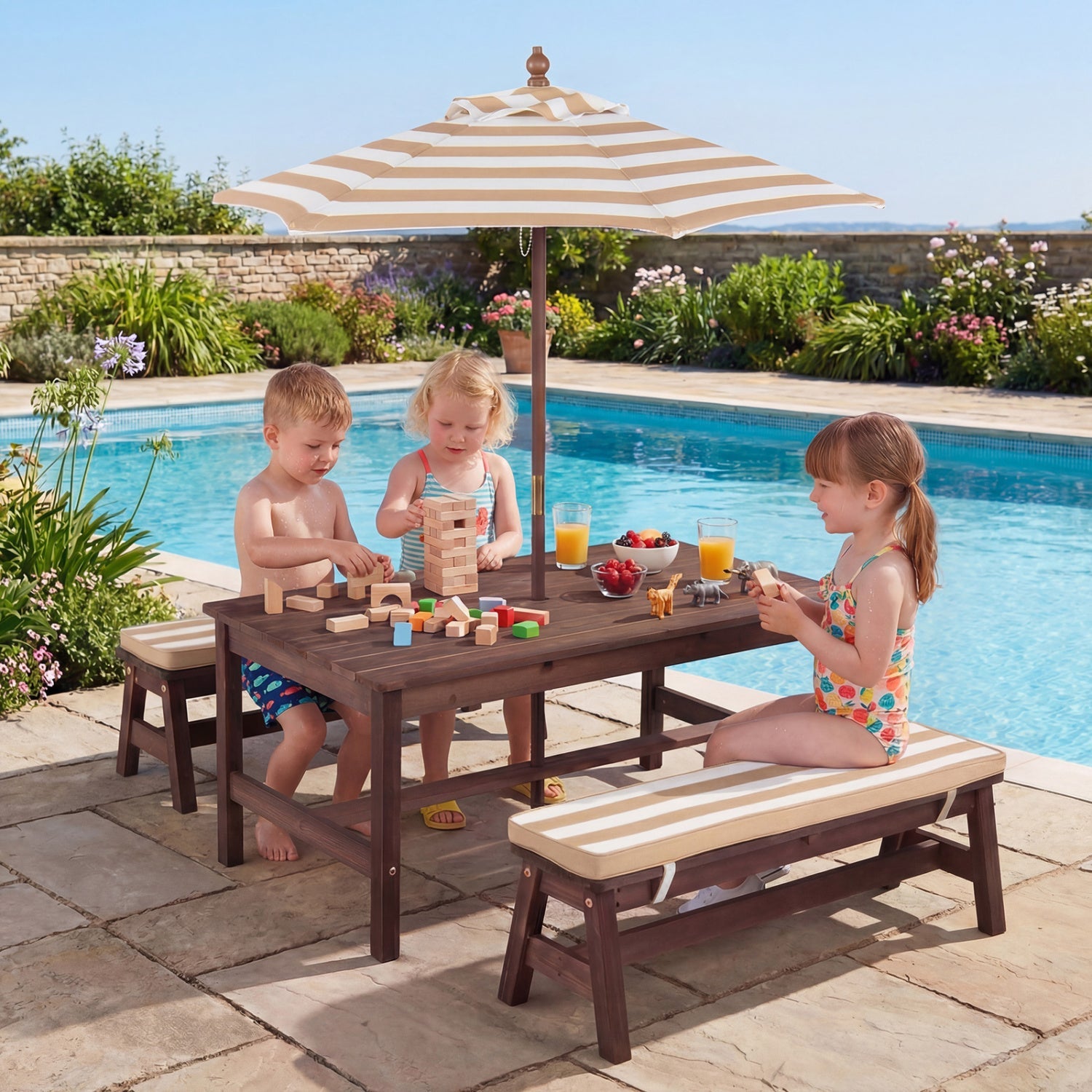Outdoor Wooden Kids Picnic Table with Removable Umbrella and Cushions