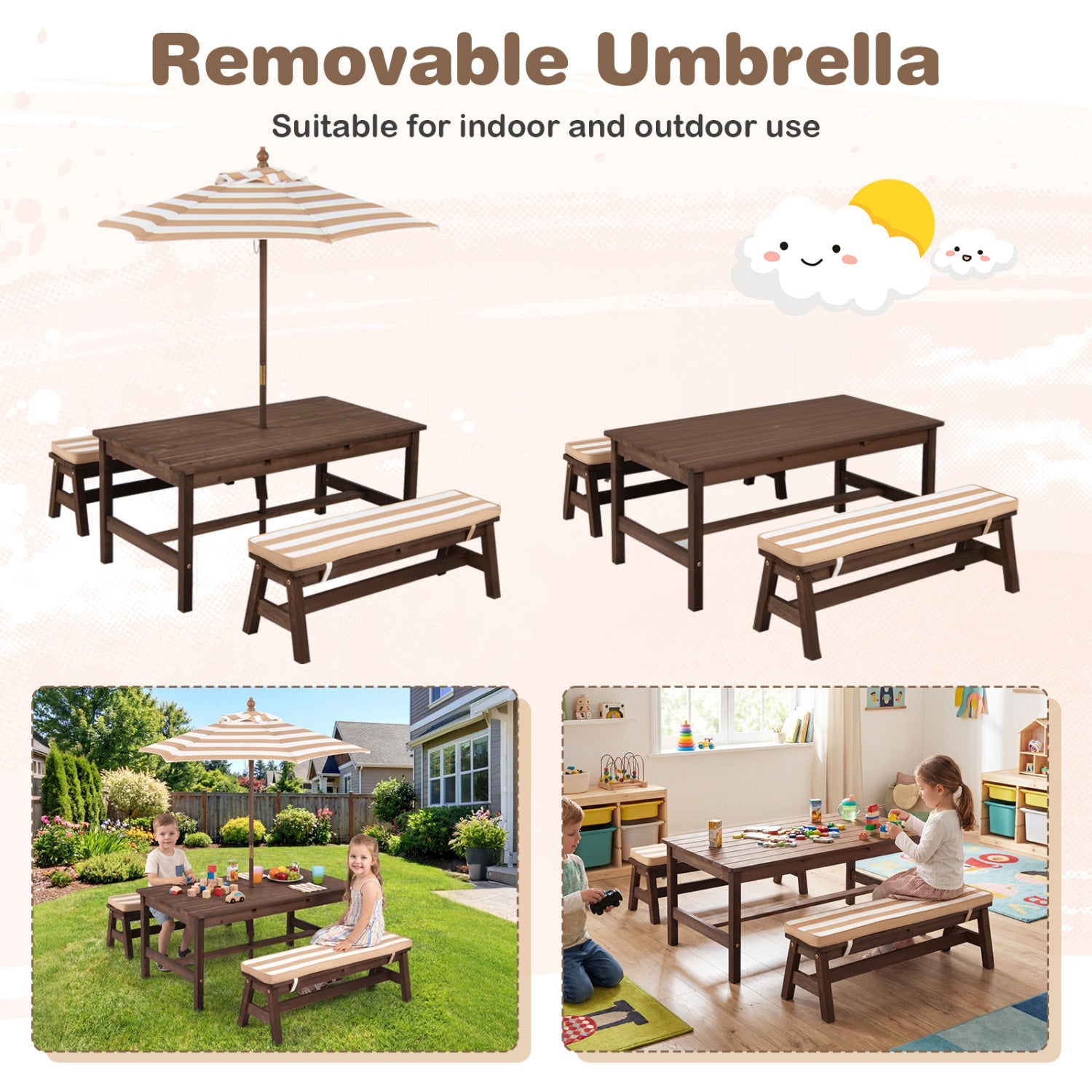 Outdoor Wooden Kids Picnic Table with Removable Umbrella and Cushions