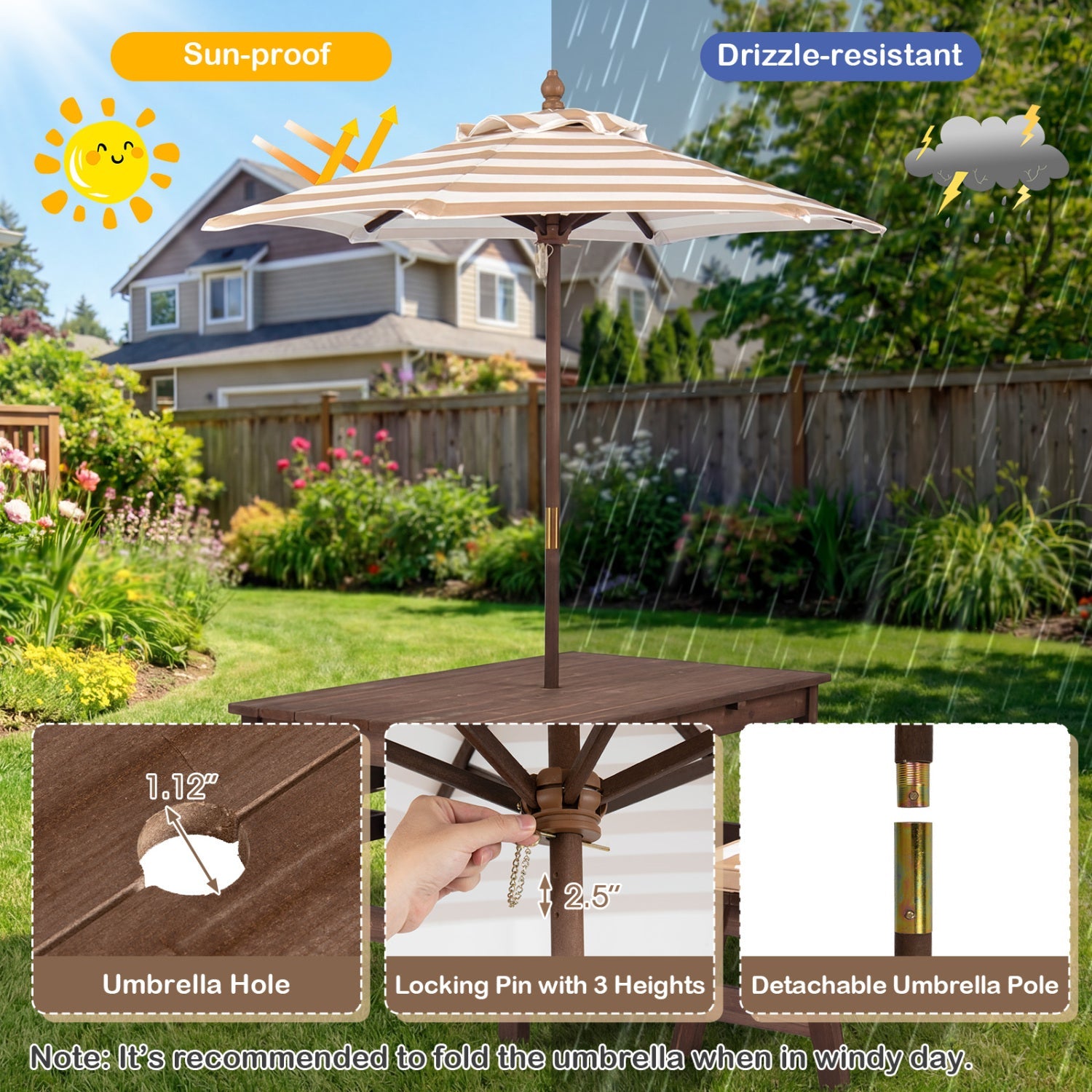 Outdoor Wooden Kids Picnic Table with Removable Umbrella and Cushions