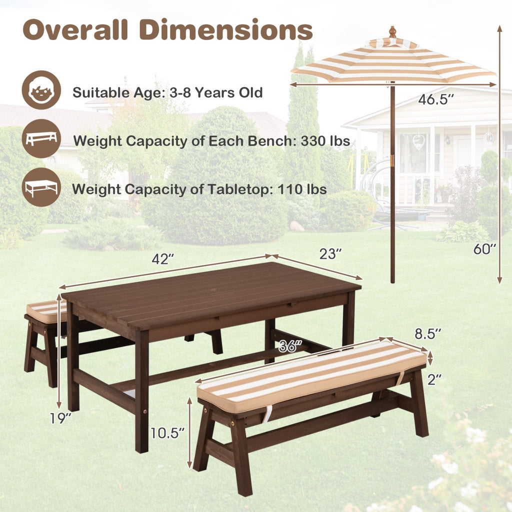 Outdoor Wooden Kids Picnic Table with Removable Umbrella and Cushions