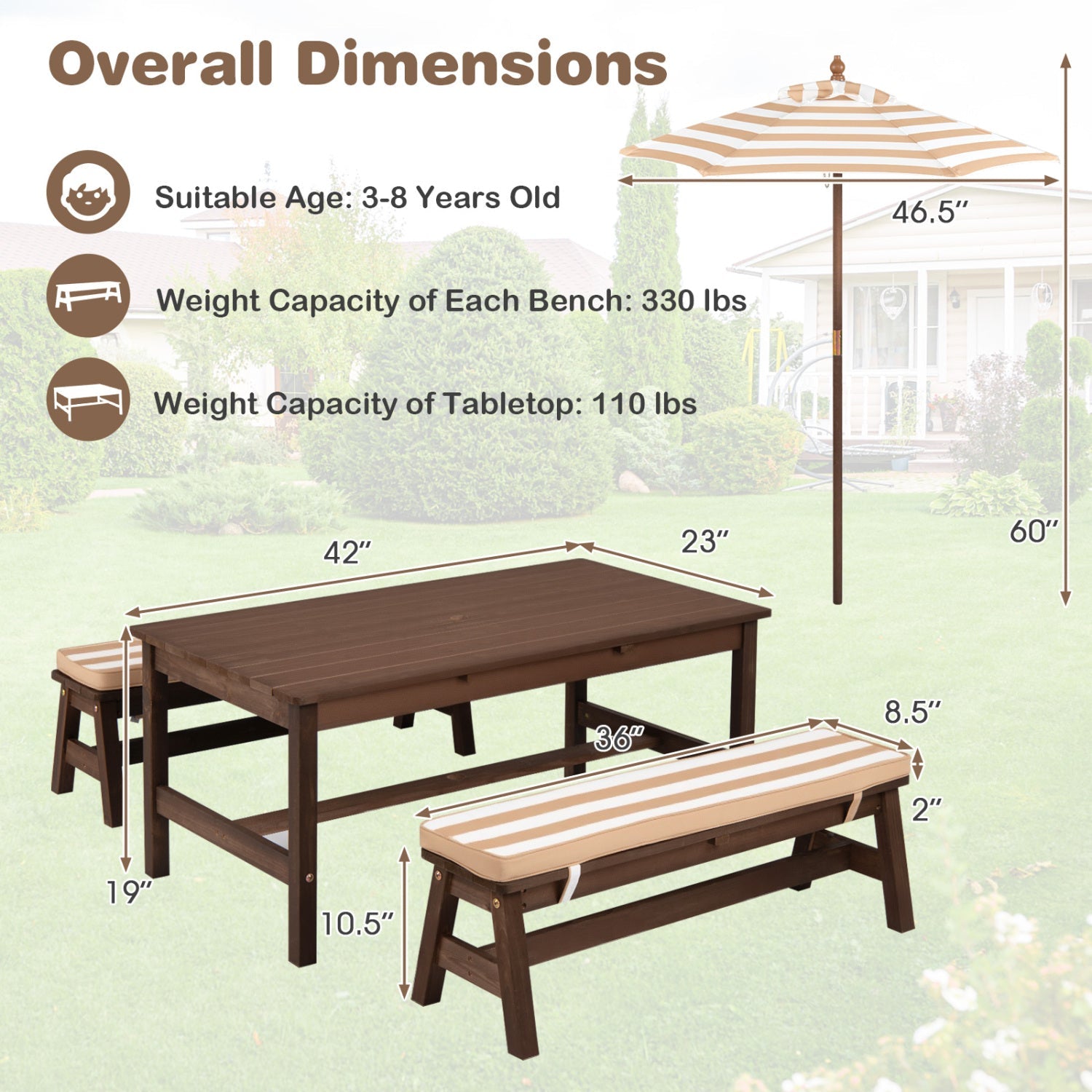 Outdoor Wooden Kids Picnic Table with Removable Umbrella and Cushions