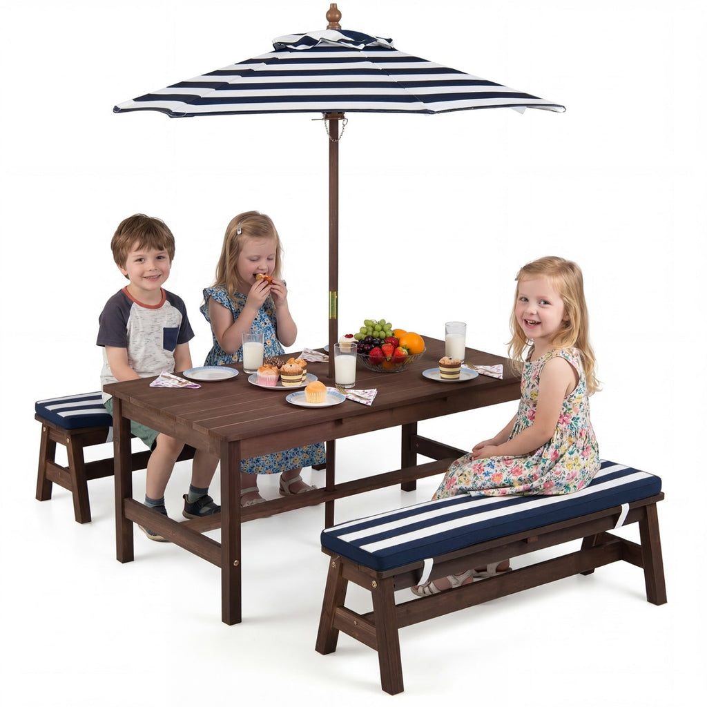 Outdoor Wooden Kids Picnic Table with Removable Umbrella and Cushions