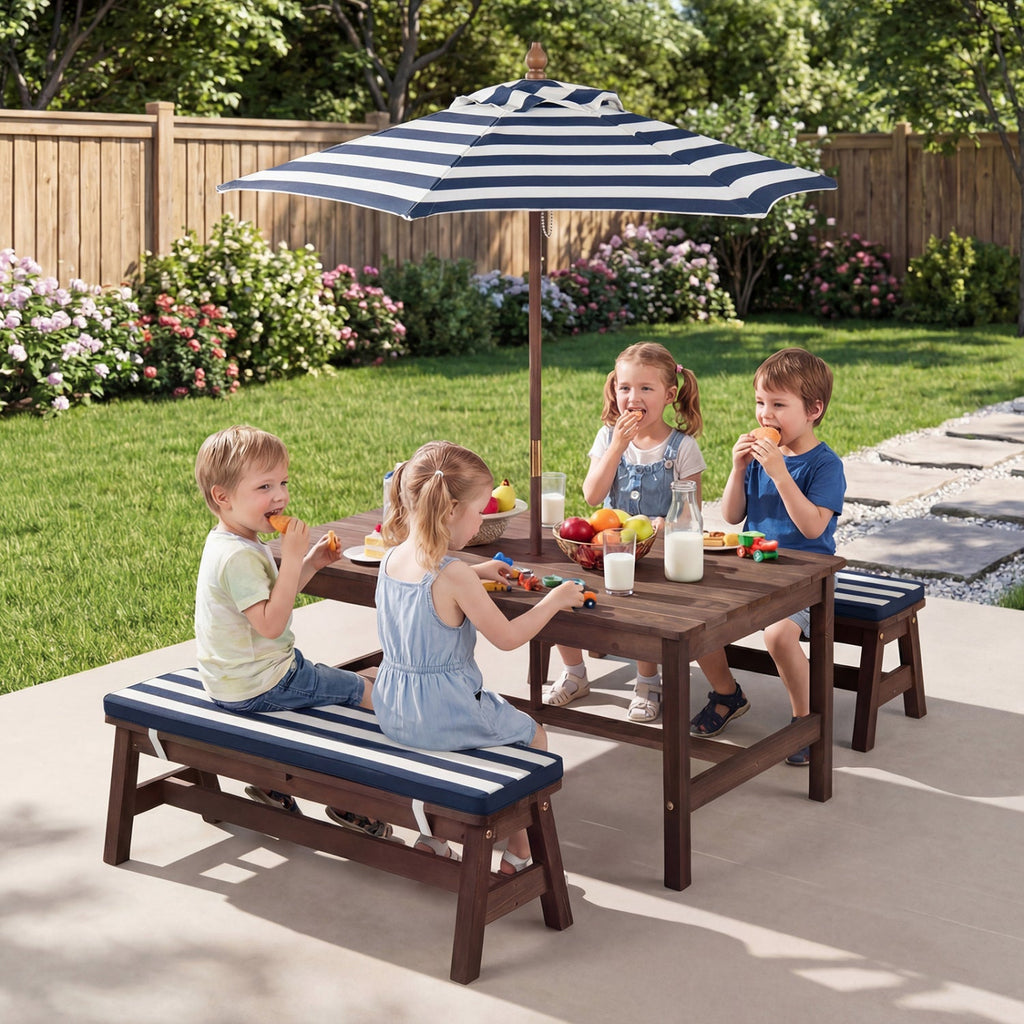 Outdoor Wooden Kids Picnic Table with Removable Umbrella and Cushions