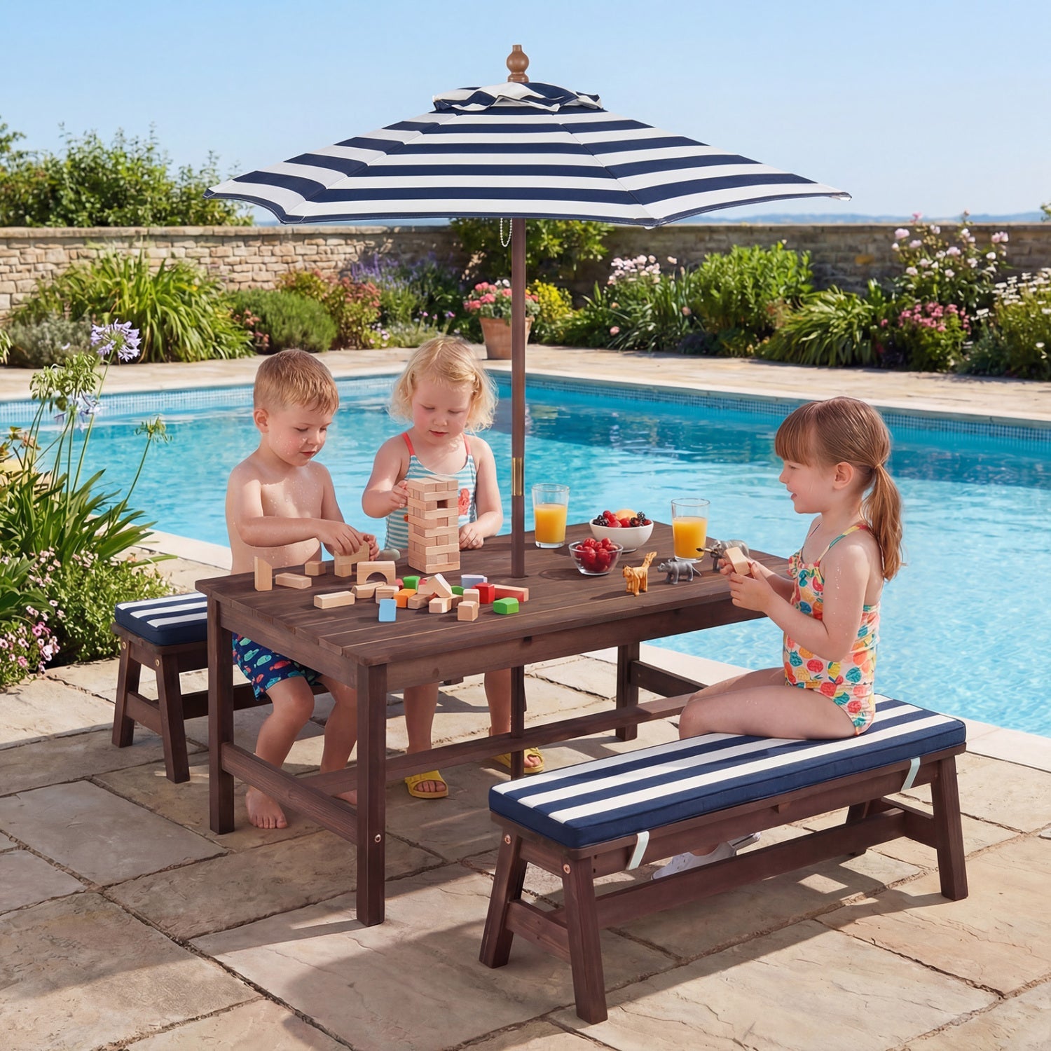 Outdoor Wooden Kids Picnic Table with Removable Umbrella and Cushions