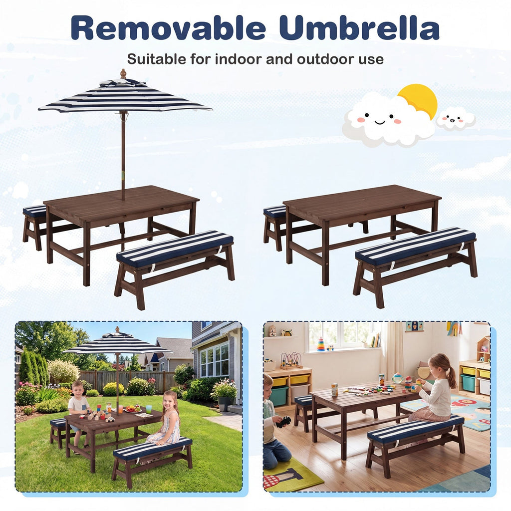 Outdoor Wooden Kids Picnic Table with Removable Umbrella and Cushions