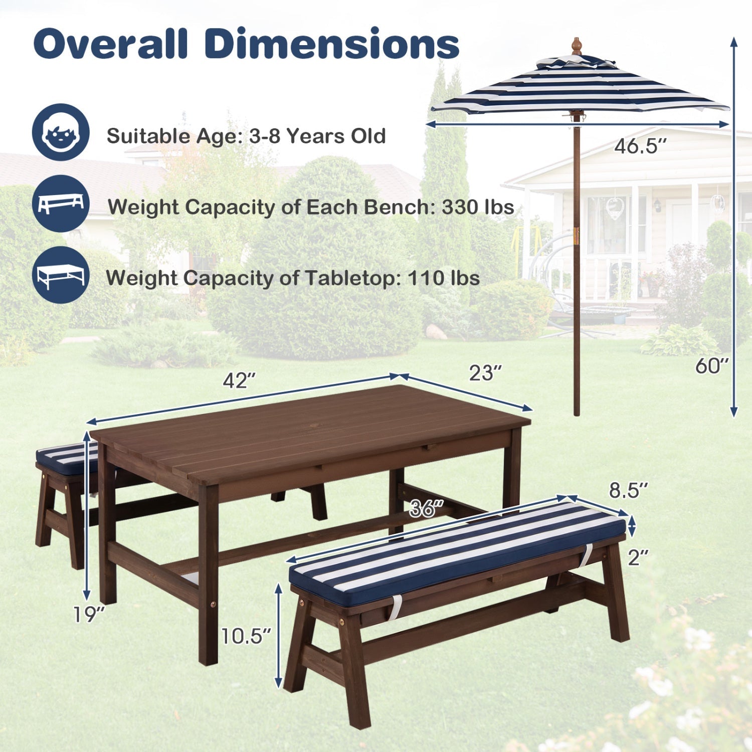 Outdoor Wooden Kids Picnic Table with Removable Umbrella and Cushions