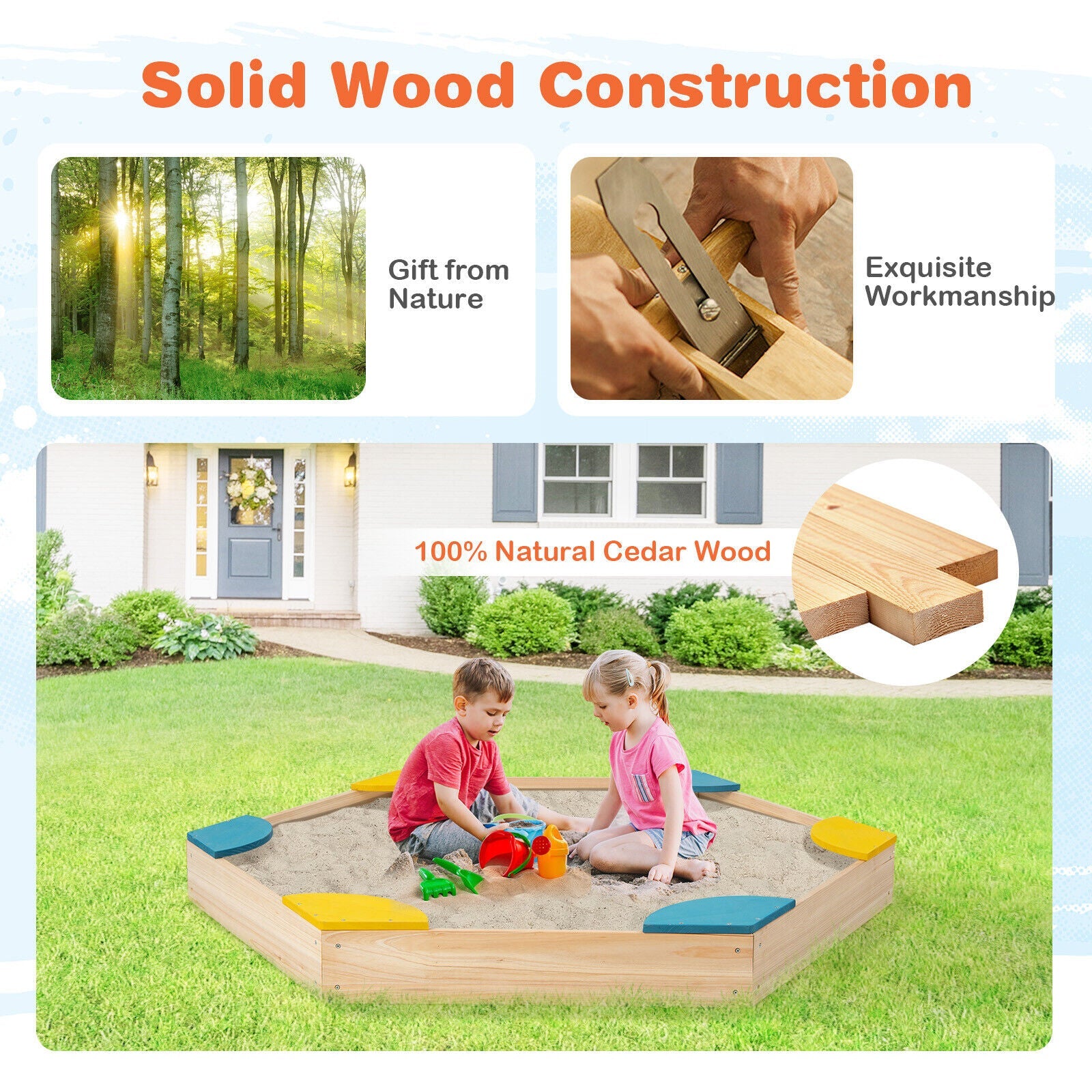 Outdoor Solid Wood Sandbox with 6 Built-in Fan-shaped Seats