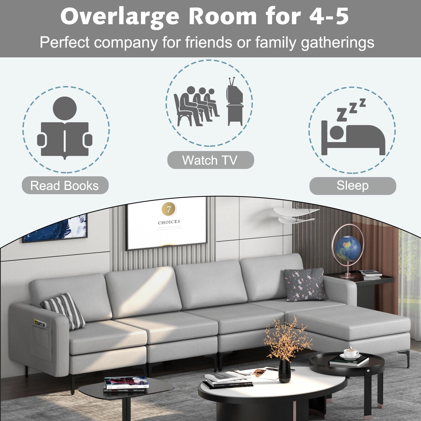 Modular L-shaped Sectional Sofa with Reversible Ottoman and 2 USB Ports