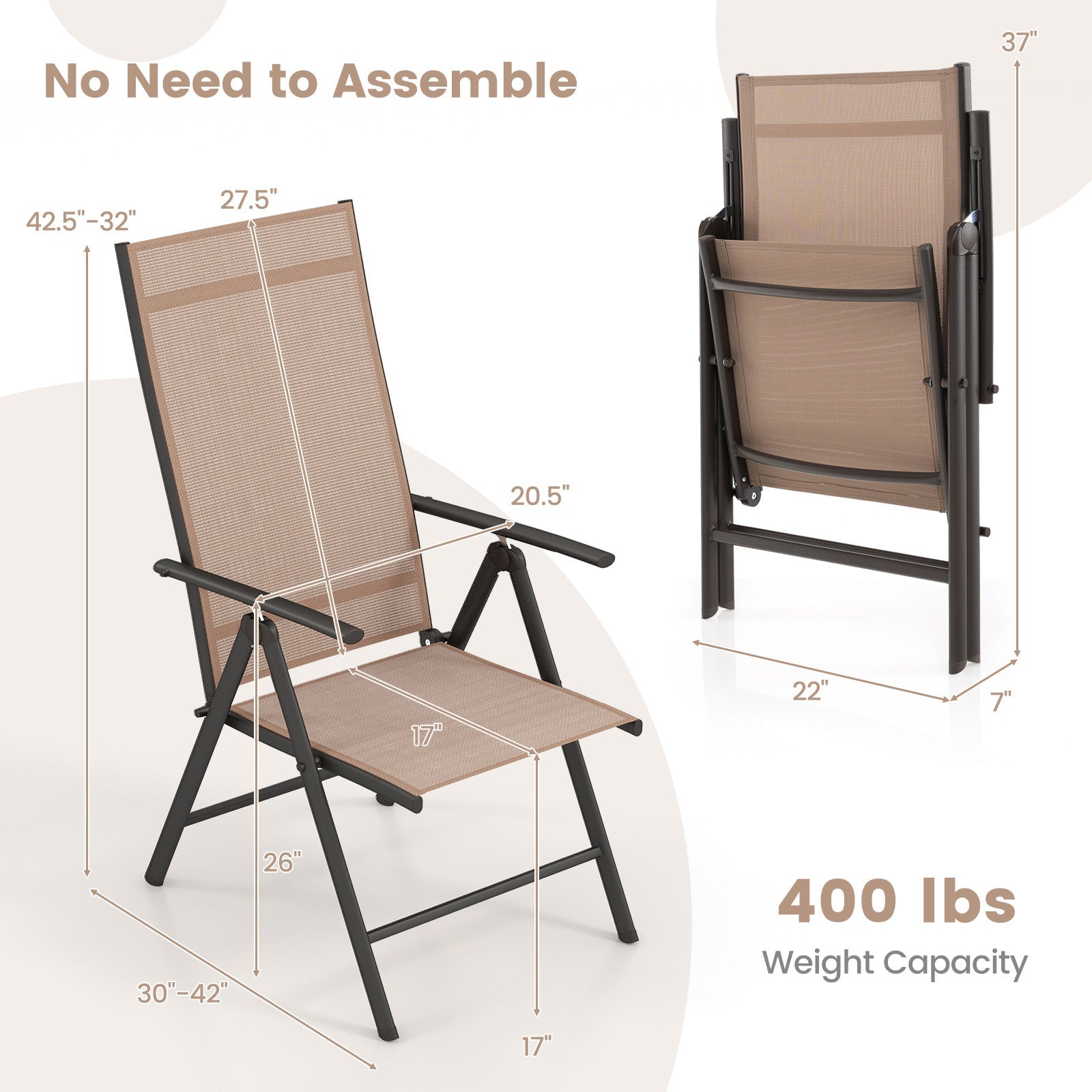 1 Piece Patio Folding Dining Chairs with 7-Level Adjustable High Backrest