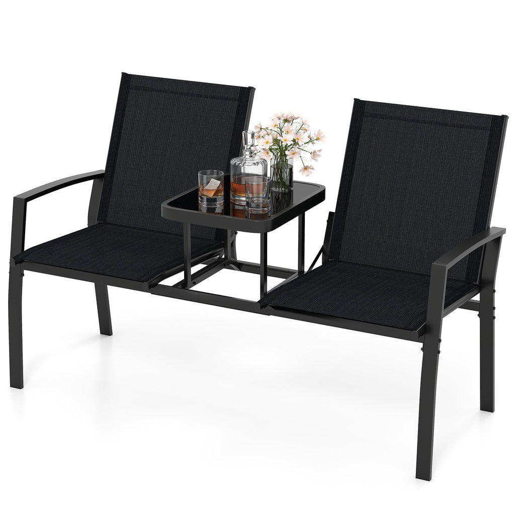 Patio Loveseat with Built-in Table with Breathable Fabric Back-Black