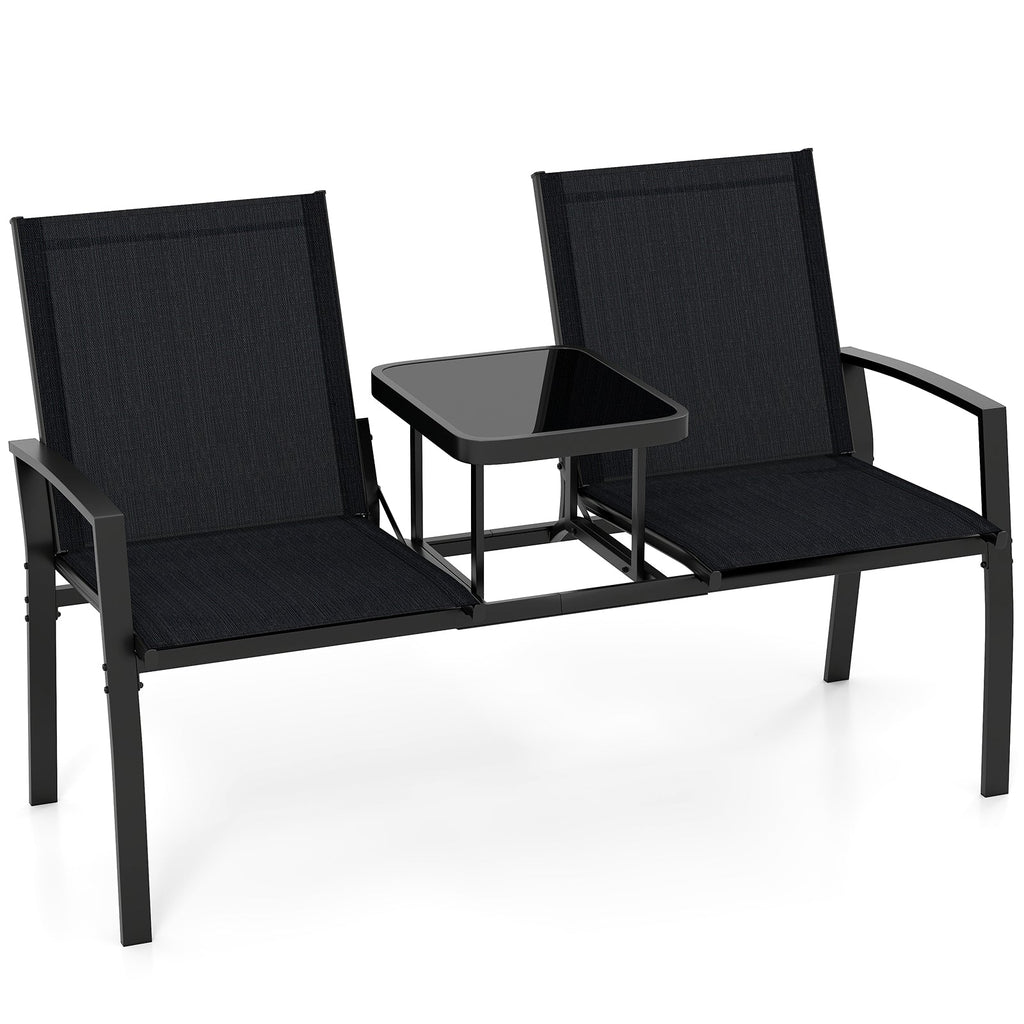 Patio Loveseat with Built-in Table with Breathable Fabric Back-Black