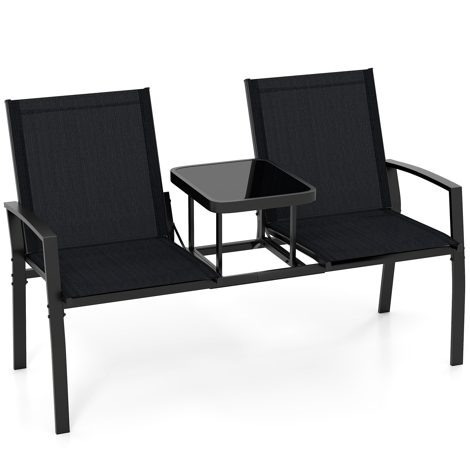 Patio Loveseat with Built-in Table with Breathable Fabric Back-Black