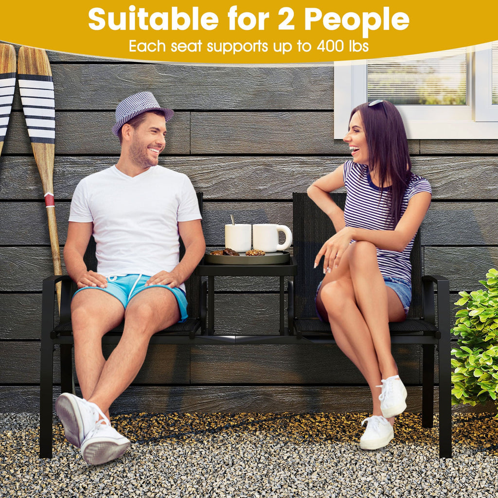 Patio Loveseat with Built-in Table with Breathable Fabric Back-Black