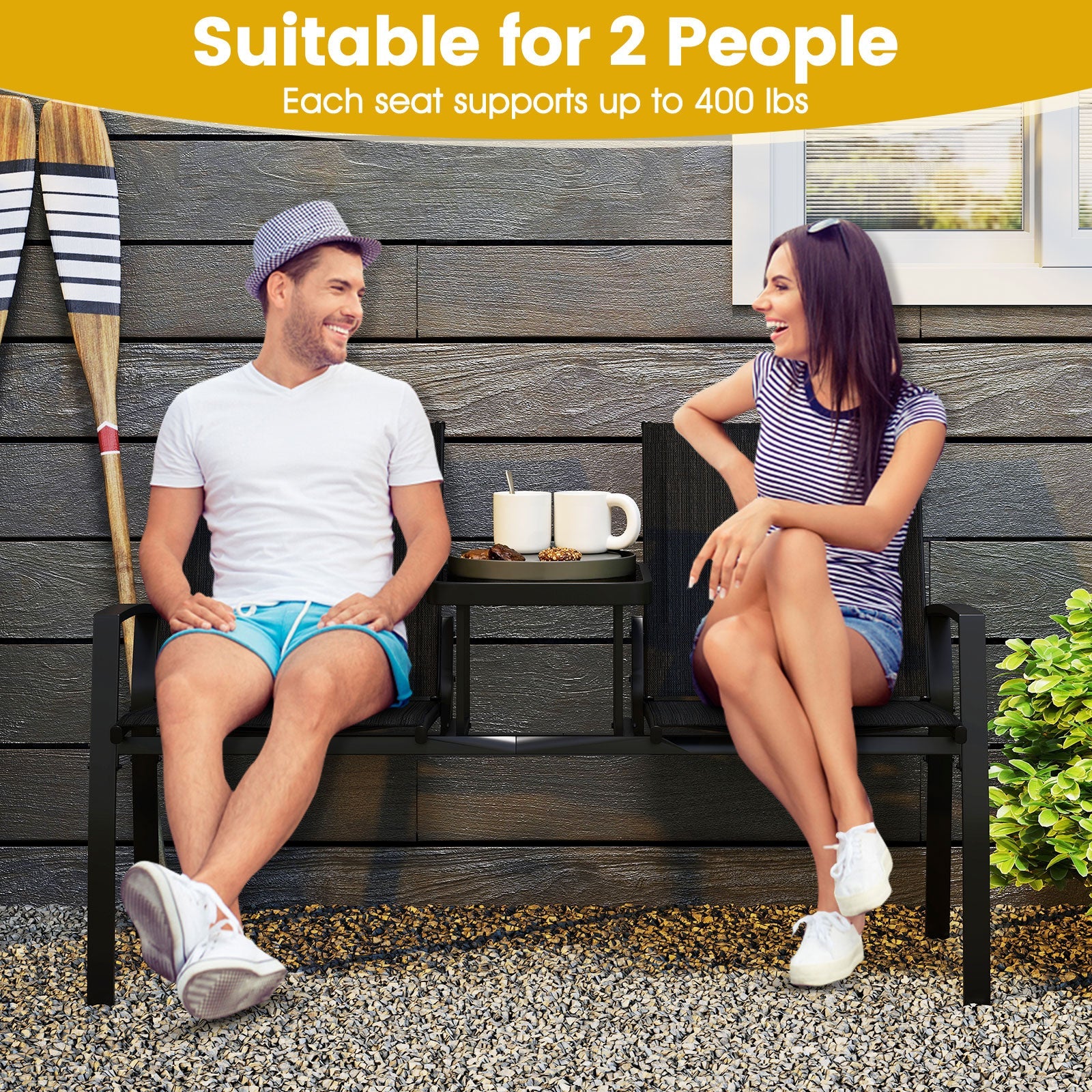 Patio Loveseat with Built-in Table with Breathable Fabric Back-Black