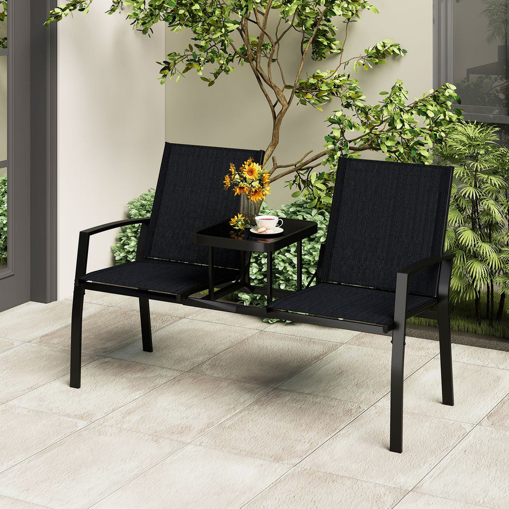 Patio Loveseat with Built-in Table with Breathable Fabric Back-Black
