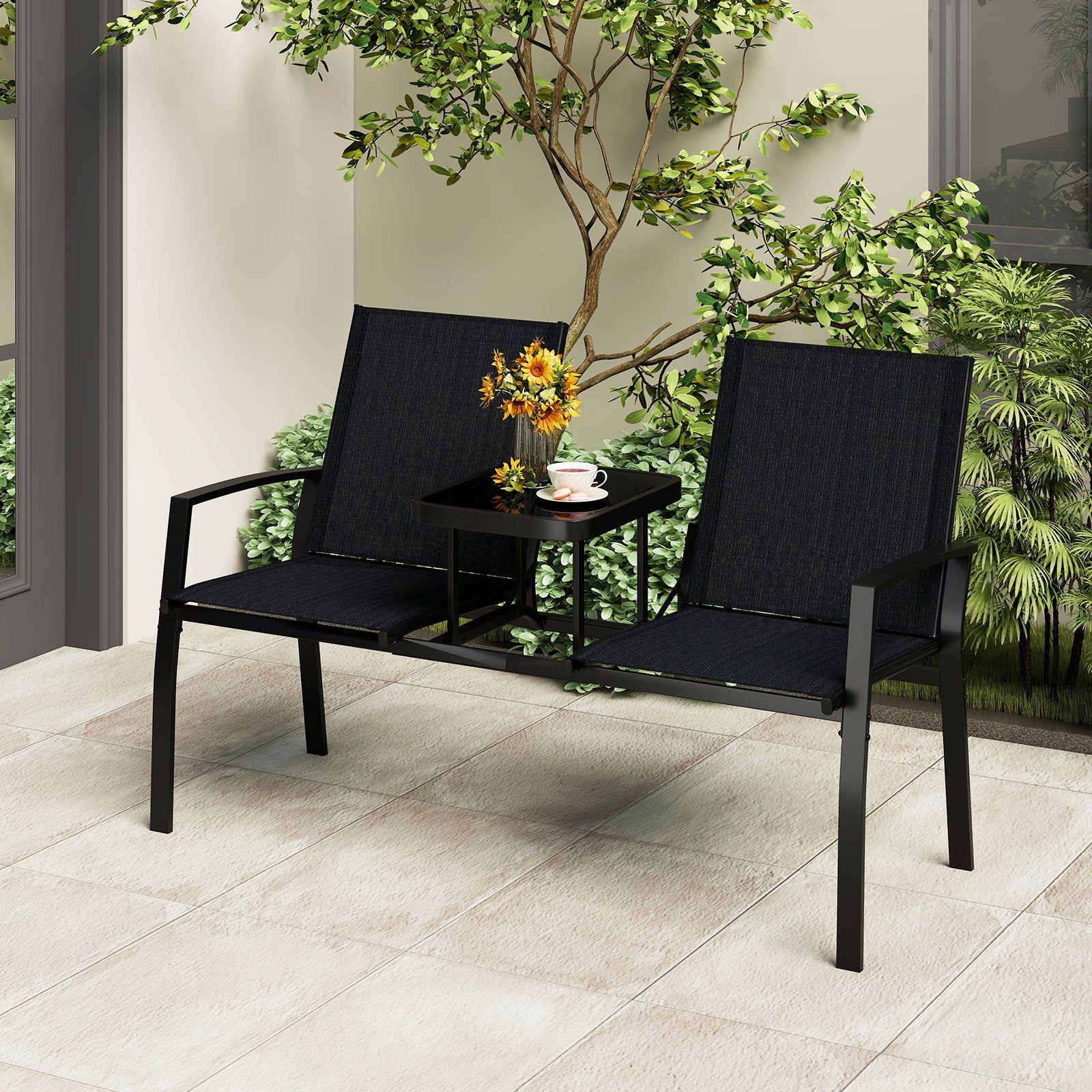 Patio Loveseat with Built-in Table with Breathable Fabric Back-Black