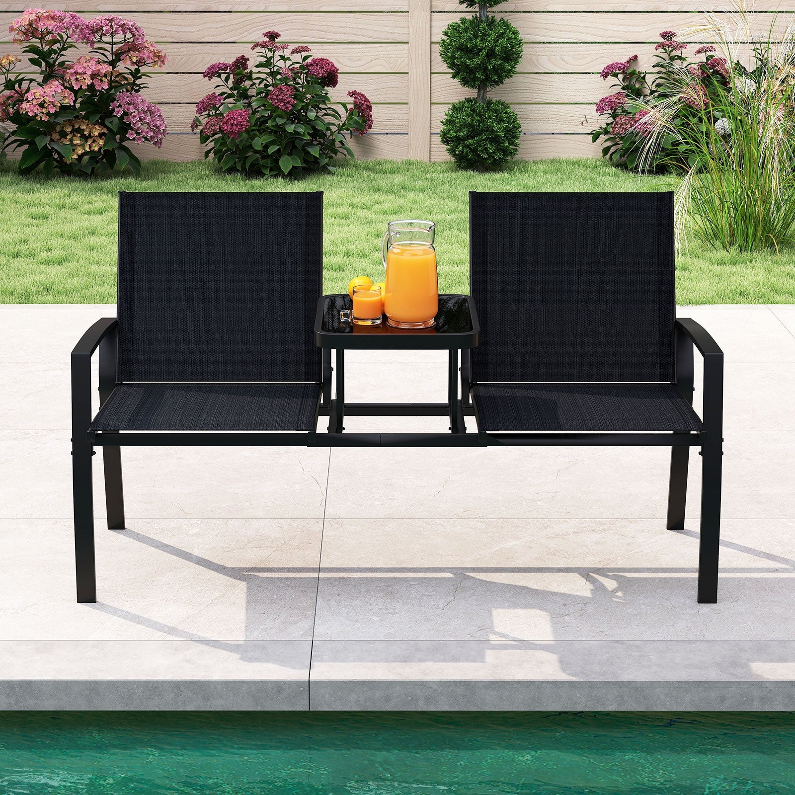 Patio Loveseat with Built-in Table with Breathable Fabric Back-Black