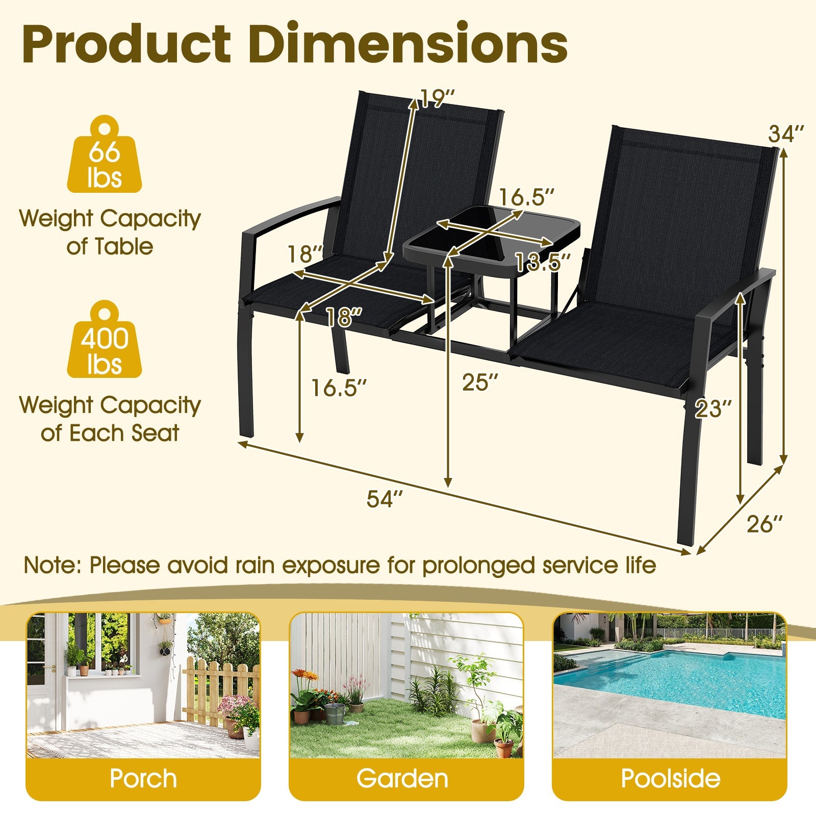 Patio Loveseat with Built-in Table with Breathable Fabric Back-Black