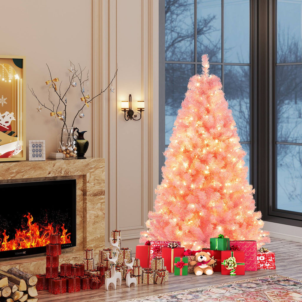 Pre-Lit Tinsel Christmas Tree Artificial Xmas Tree with Lush Branch Tips Holiday Decoration