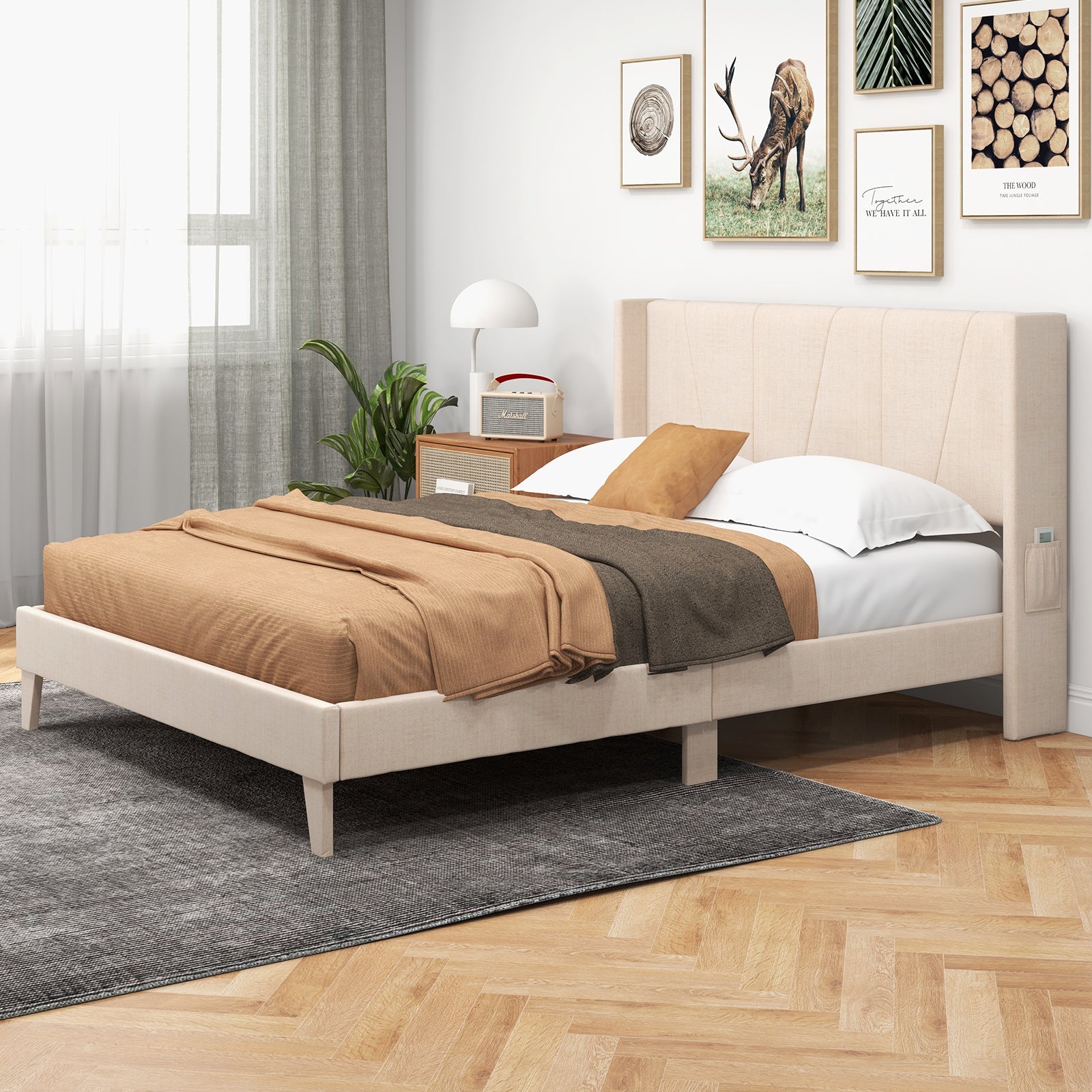 Full/Queen Size Upholstered Bed Frame with Geometric Wingback Headboard