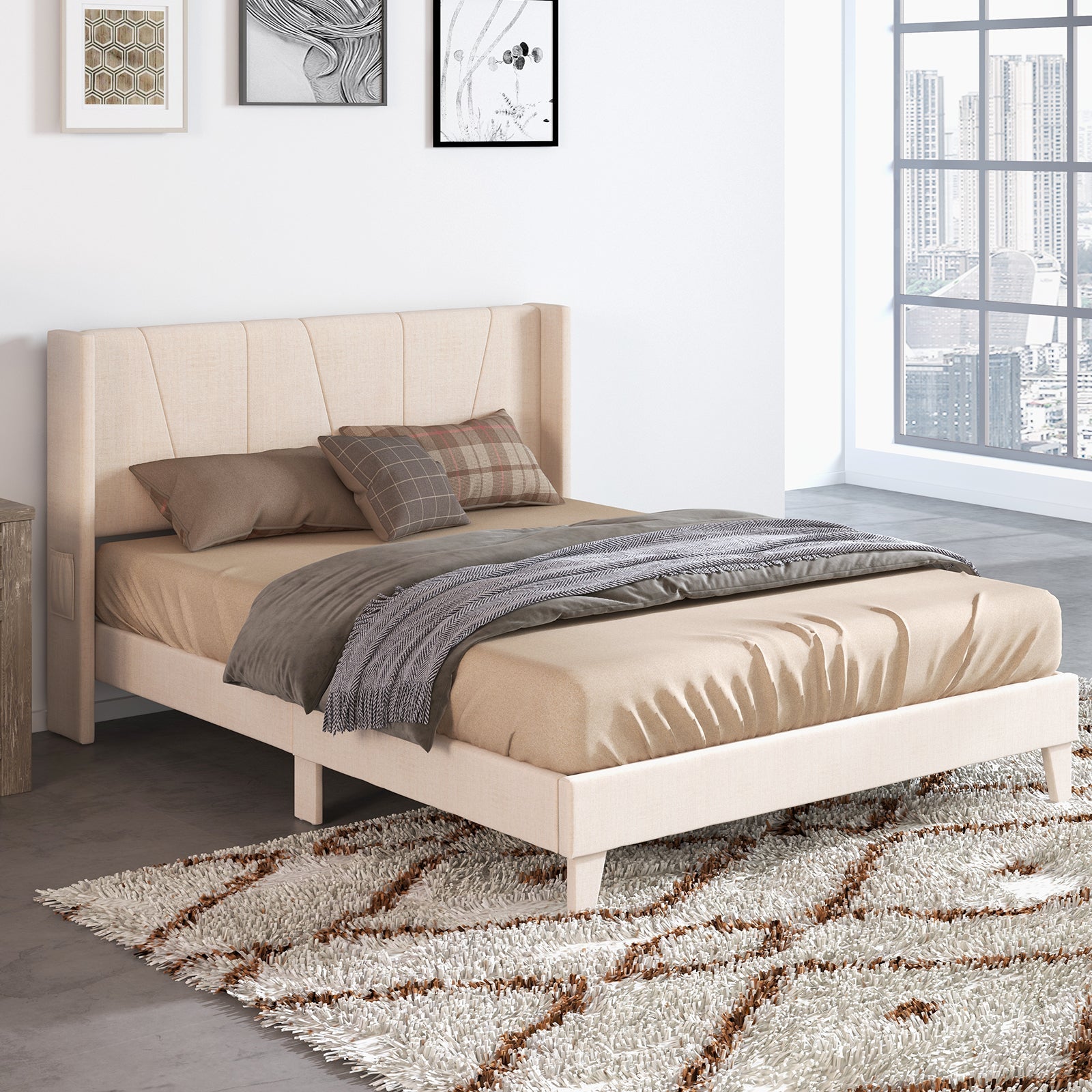 Full/Queen Size Upholstered Bed Frame with Geometric Wingback Headboard