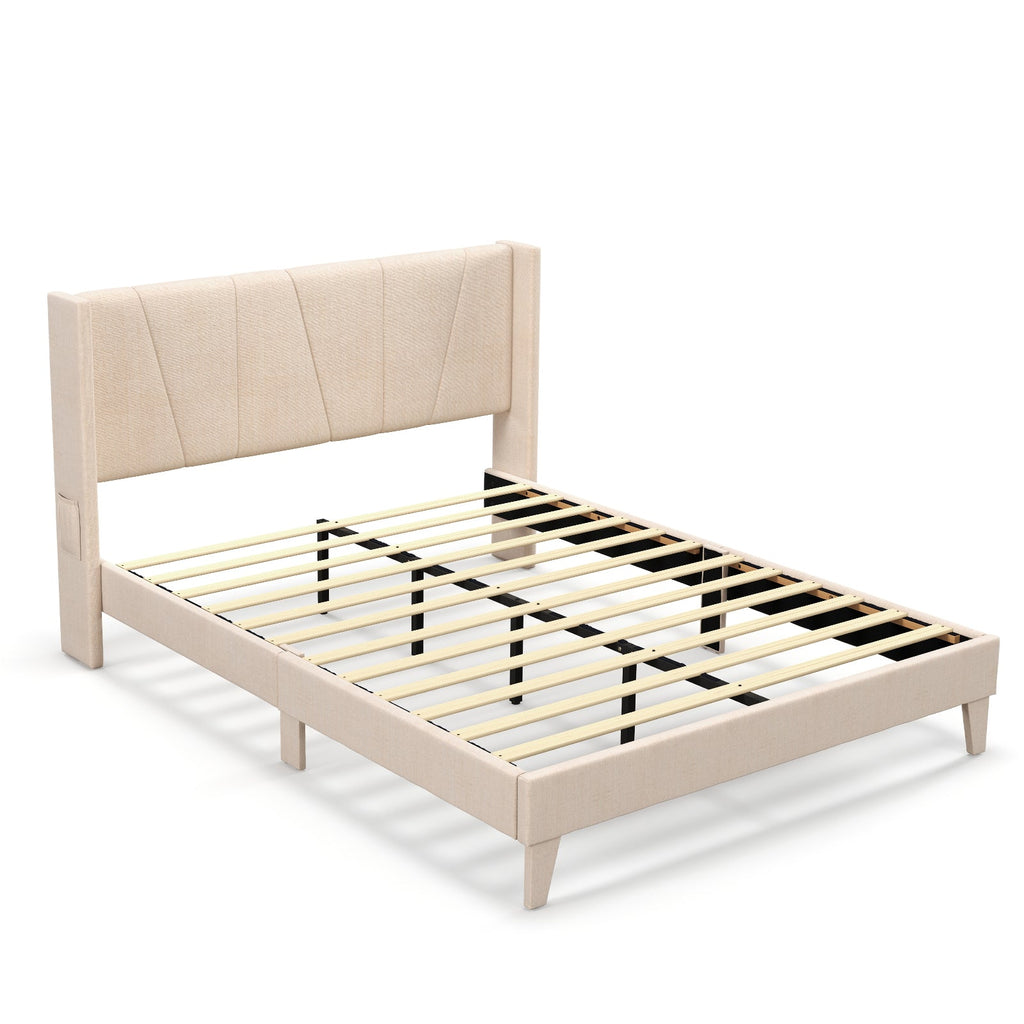 Full/Queen Size Upholstered Bed Frame with Geometric Wingback Headboard
