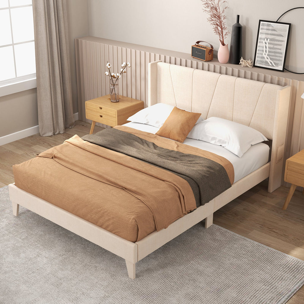 Full/Queen Size Upholstered Bed Frame with Geometric Wingback Headboard