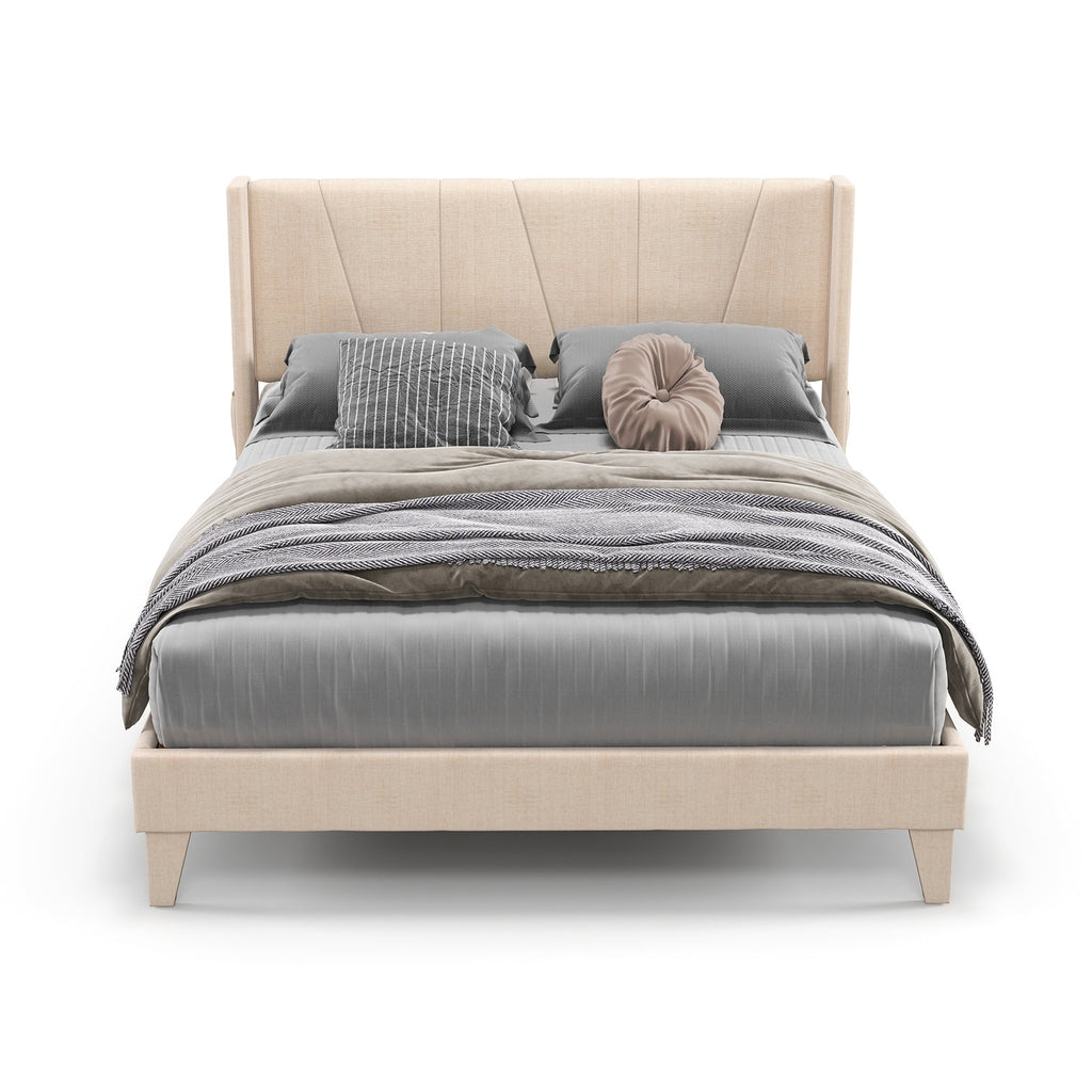 Full/Queen Size Upholstered Bed Frame with Geometric Wingback Headboard