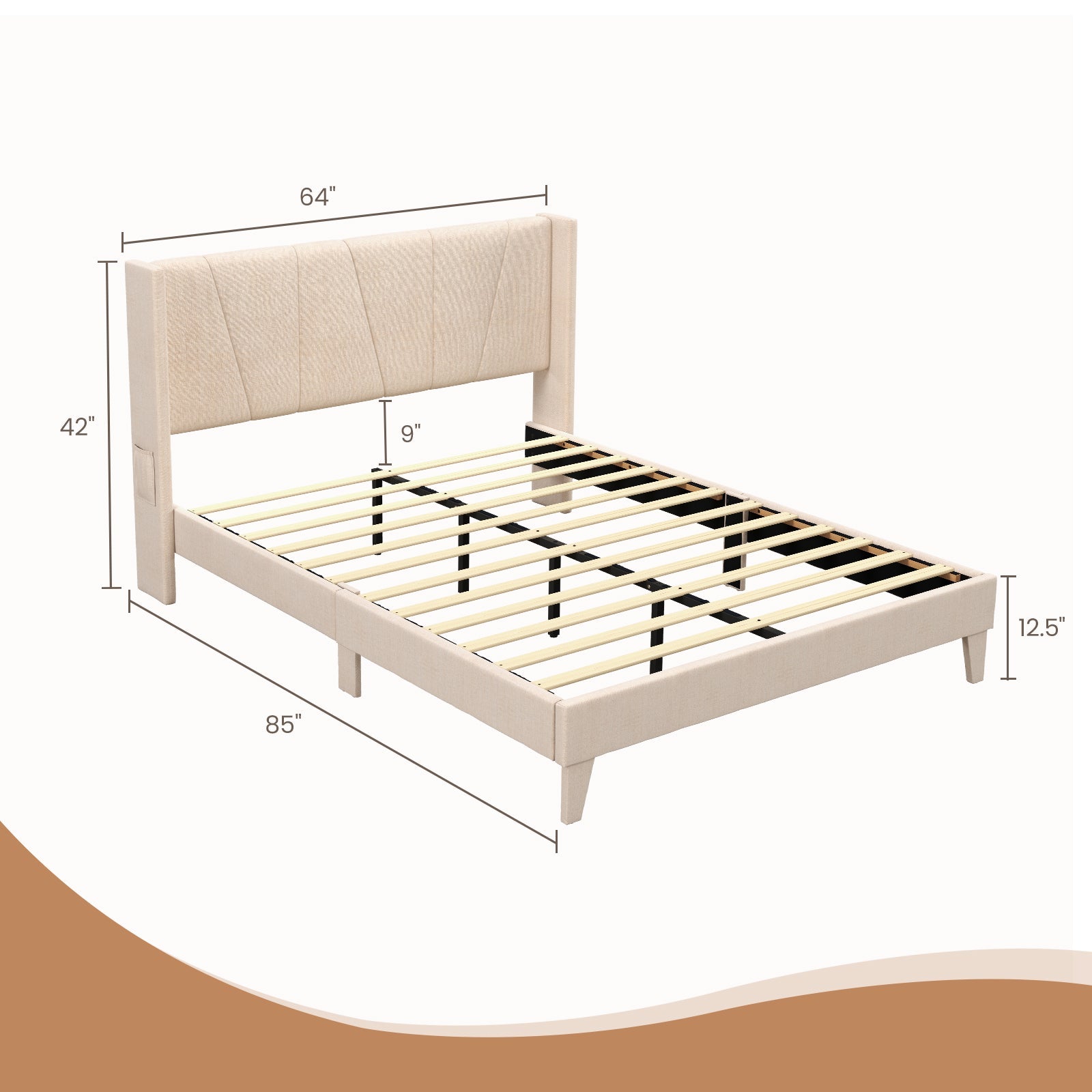 Full/Queen Size Upholstered Bed Frame with Geometric Wingback Headboard