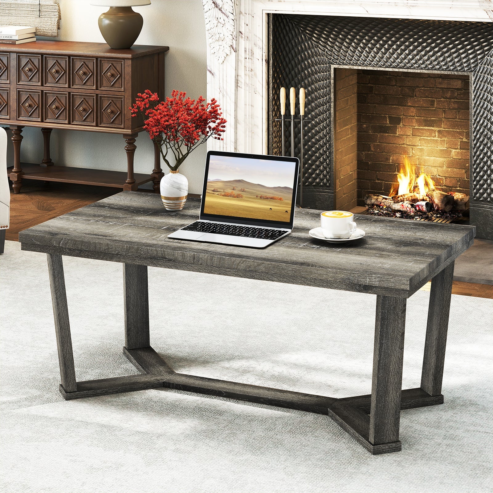 Rectangle Coffee Table Rubber Wood Base with Cross-Shaped Base-Gray