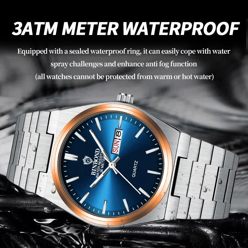 BINBOND Luxury Fashion Man Clock Top Business Waterproof Luminous Date Week Men's Watches Quartz Stainless Steel Men Wristwatch