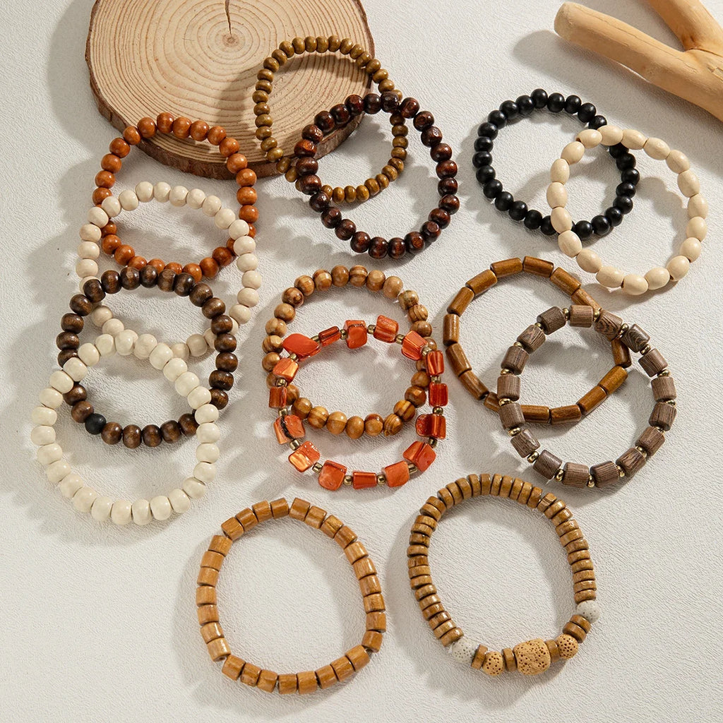14 piece Bohemian style colorful wooden bead multi-layer layered neutral bracelet set suitable for gift giving