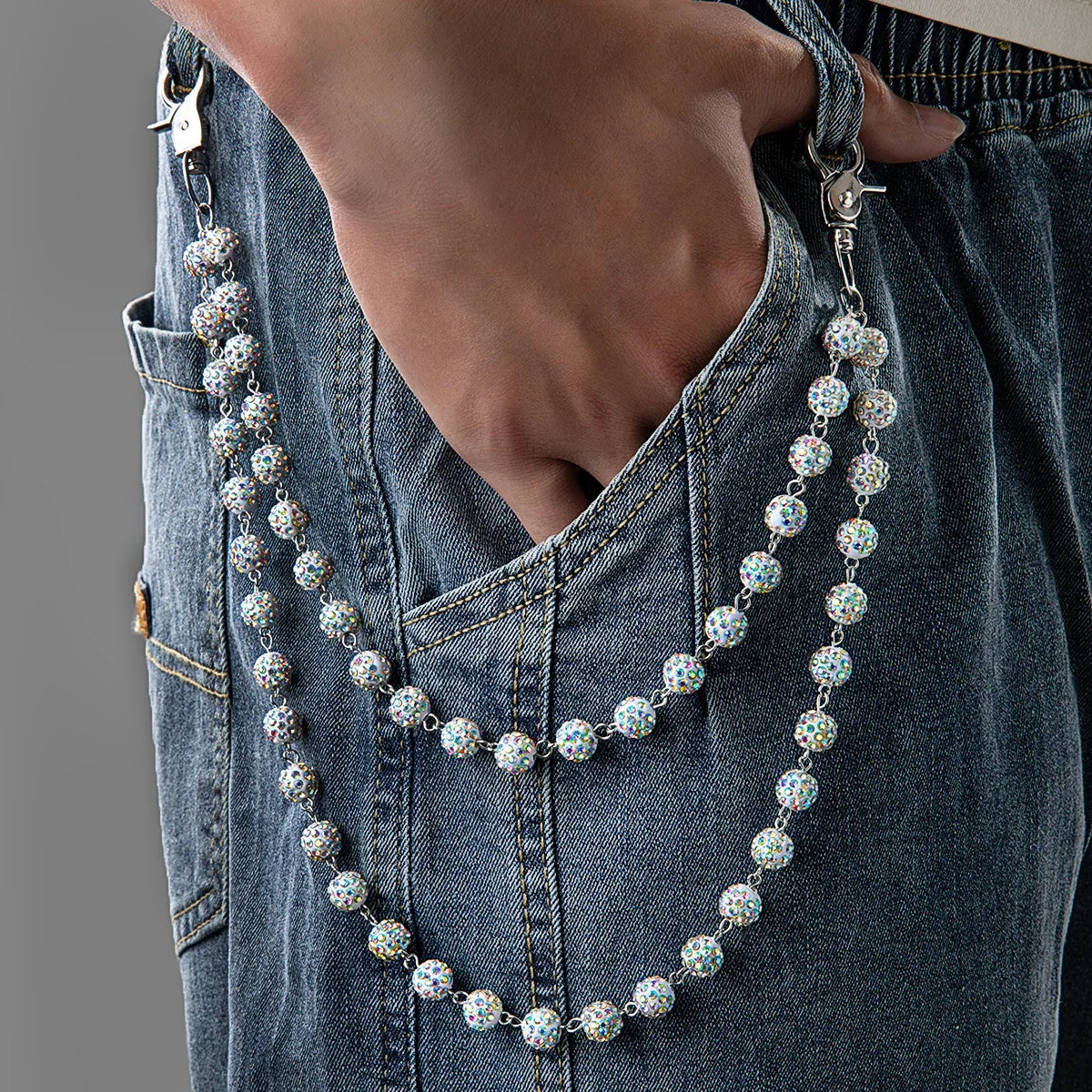 1 Hip Hop Trendy Colorful Zirconia Ball Double Layer Stacked Neutral Style Pants Chain Simple and Versatile Body Chain