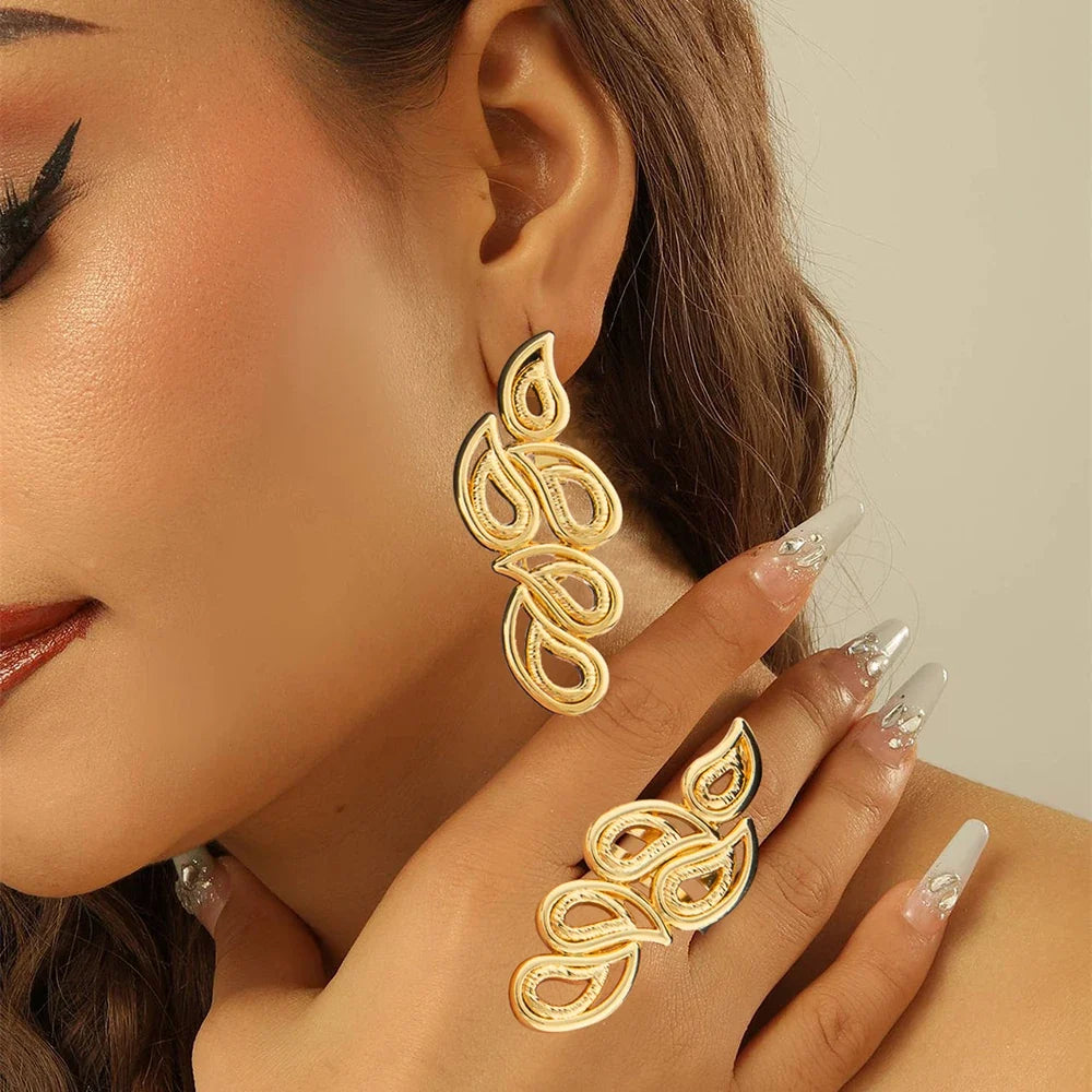 18k Gold Color Earrings with Ring Jewelry Set for Bridal African Clip Earrings and Finger Ring 2Pcs Set for Engagement Jewellery