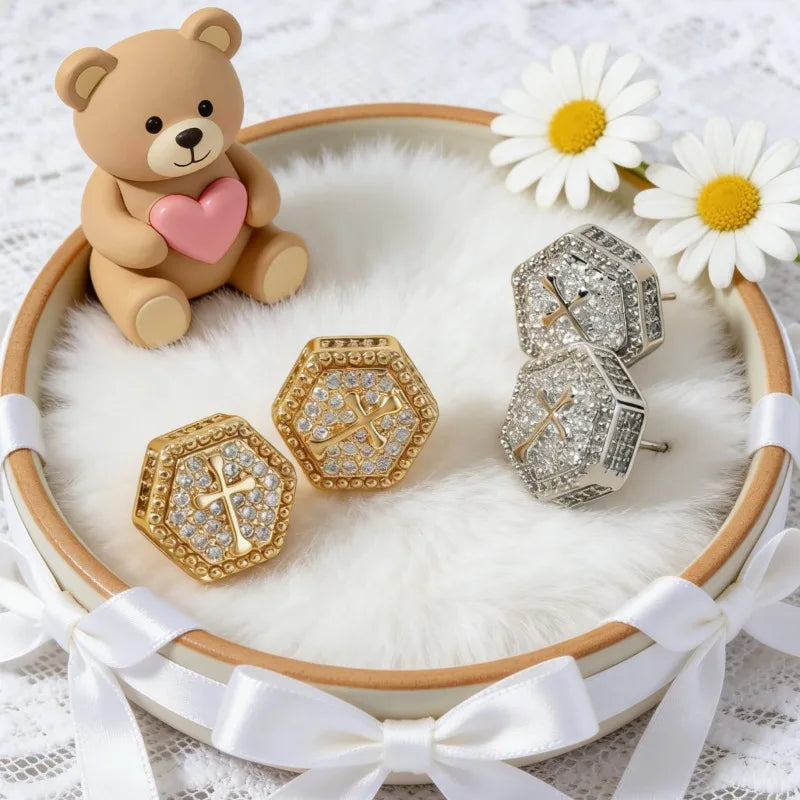 1 Pair Women's Copper Full Rhinestone Stud Earrings Zircon Cross Earrings Trendy And Fashionable Light Luxury Jewelry