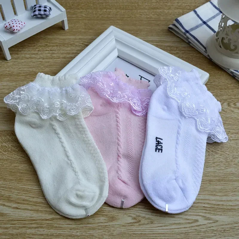 10 Pairs Baby Girls Socks – Lace Ruffle Princess Ankle Socks, Breathable Cotton Mesh for Toddlers, White, Pink & Blue