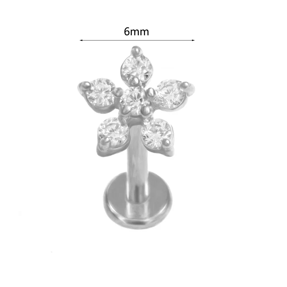 100% 316L Surgical Steel Flower Labret Piercing Butterfly Bee Tragus Snake Cartilage Helix Flat Back CZ Earrings Body Jewelry