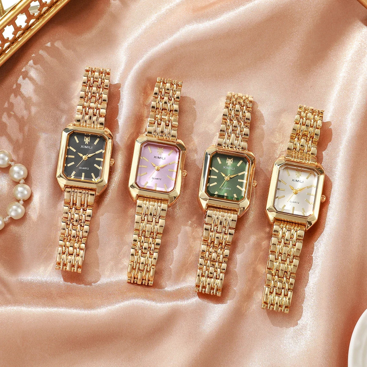 1/2/4PCS  Elegant Rectangle Woman Quartz Watch Luxury Stainless Steel Band Ladies Wristwatches Reloj Mujer（Without Box）