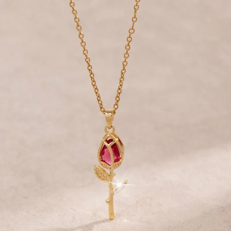 1 Piece Women's Red Zirconia Tulip Rose Pendant Necklace Copper Pendant Stainless Steel Chain Versatile Valentine's Day Gift