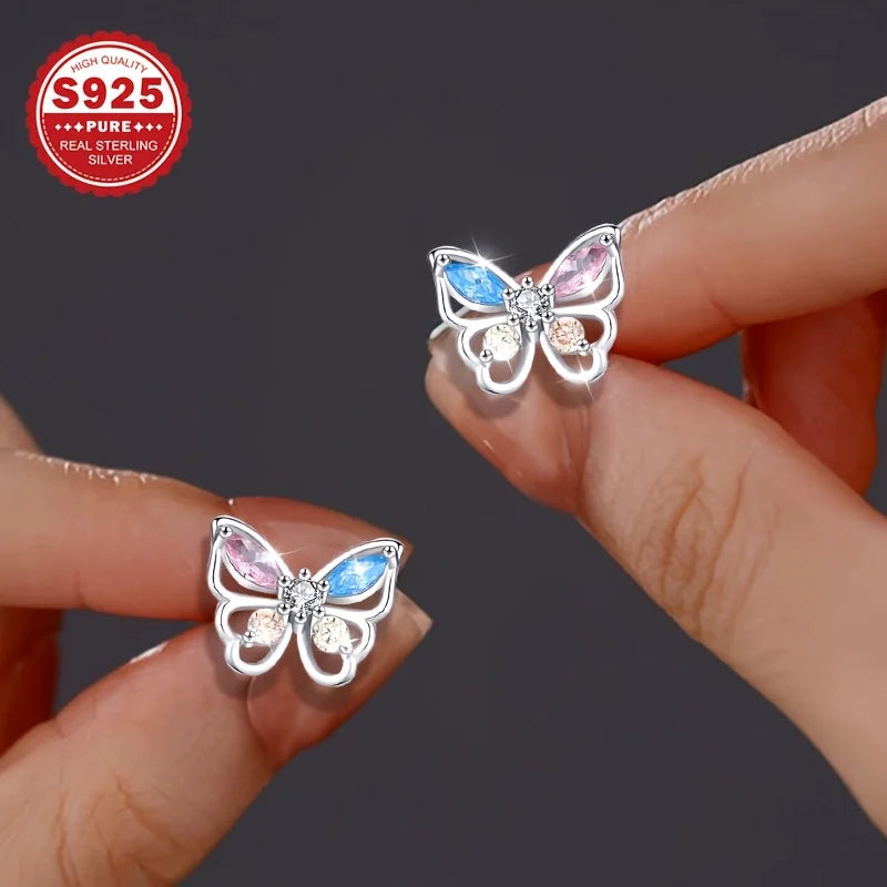 1 pair of high-end luxury earrings, pure silver colored zirconium butterfly earrings, dancing earrings, suitable for daily and m