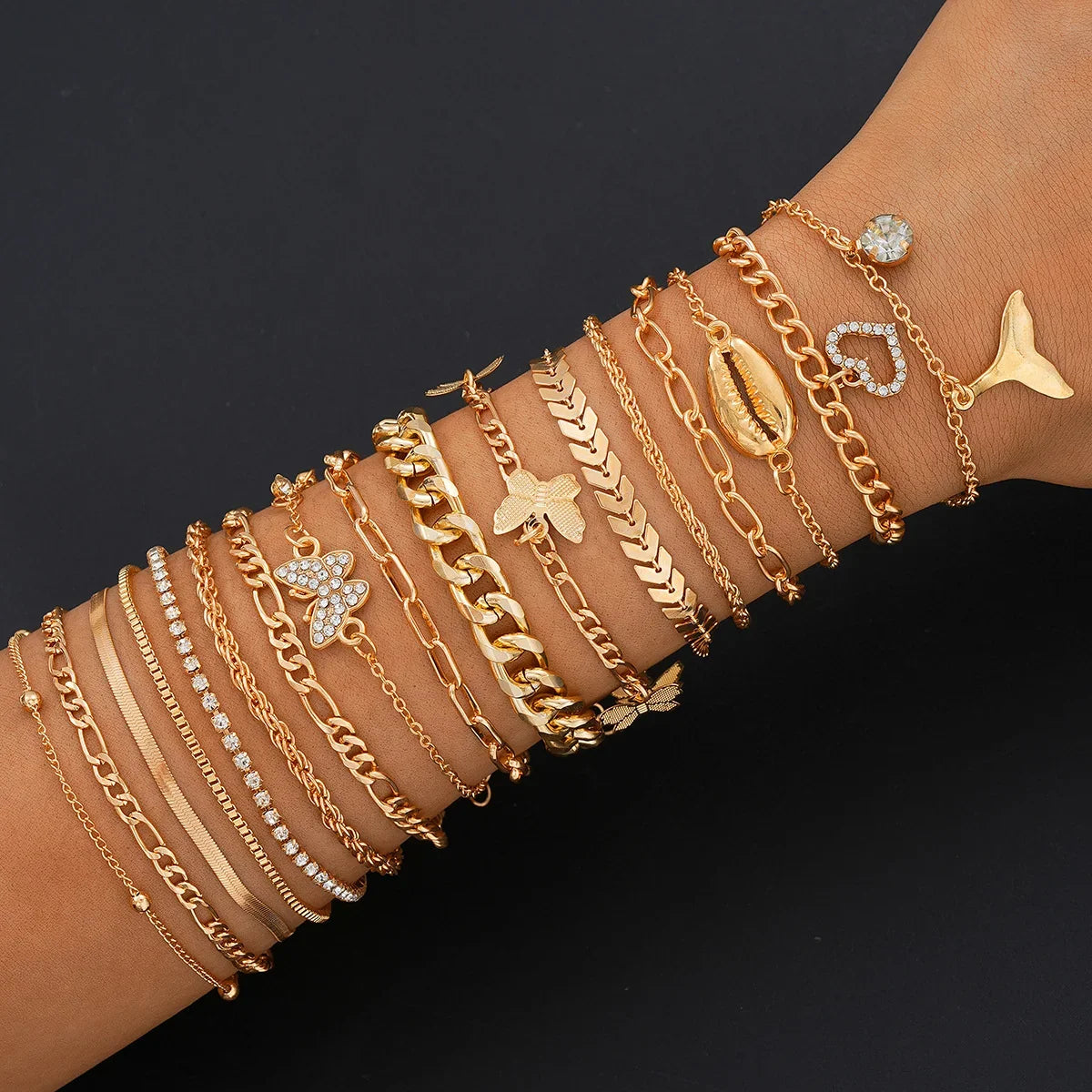 16pcs Minimalist Heart Pearl Rhinestone Snake Chain Bracelet Set for Women Elegant Gold Color Dates Vacations Daily Wear Jewelry