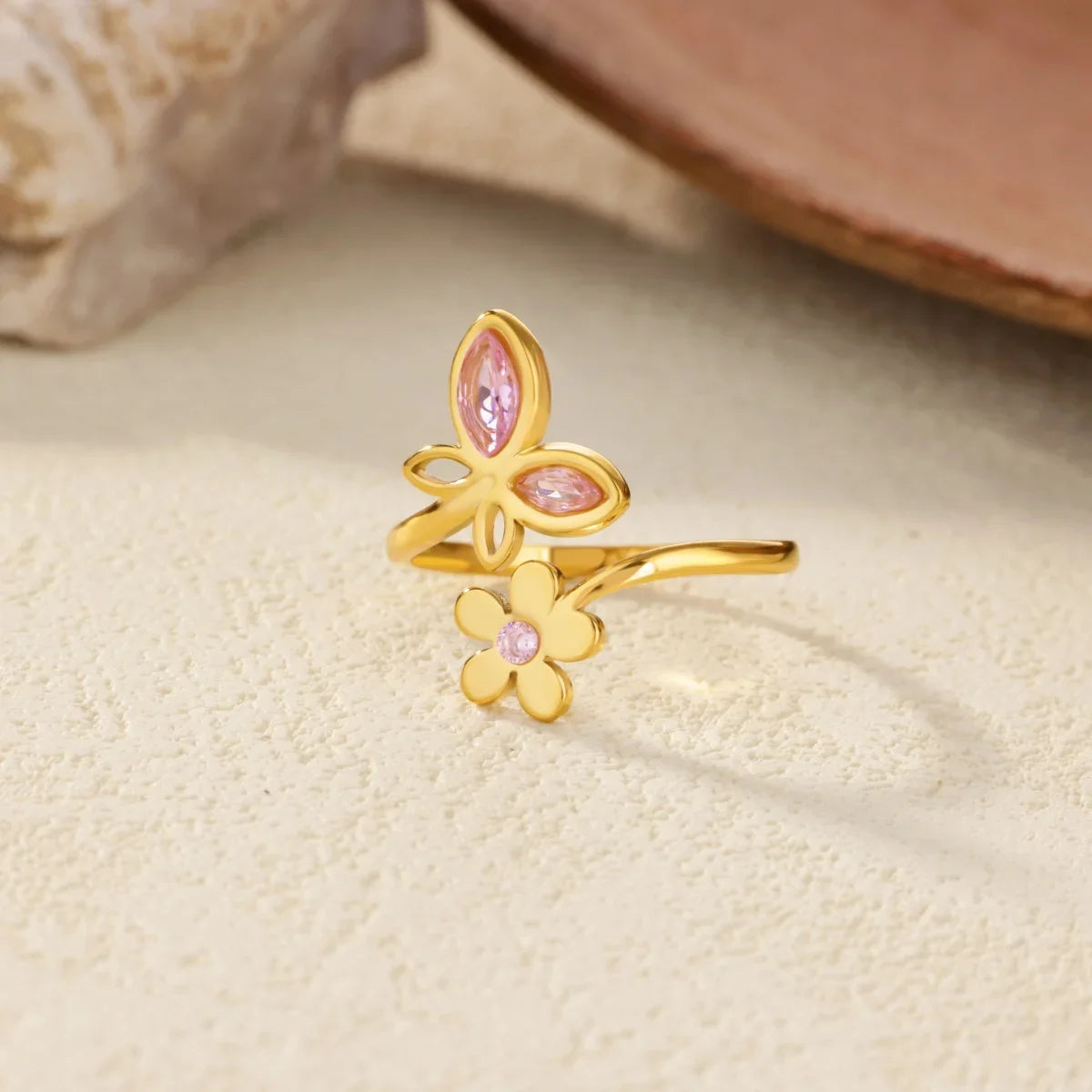 Elegant Zircon Flower Butterfly Rings For Women Gold Color Stainless Steel Flower Adjustable Ring Wedding Christmas Jewelry Gift