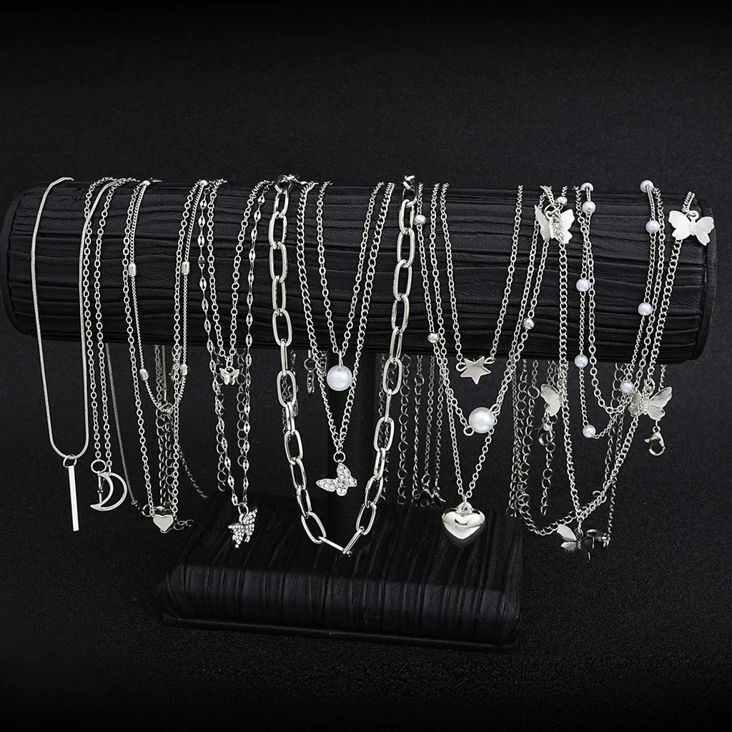 13Pcs/Set Simple Temperament Necklace Set Butterfly Pearl Heart Star Zircon Silver Color Necklace for Women Fashion Jewelry Gift